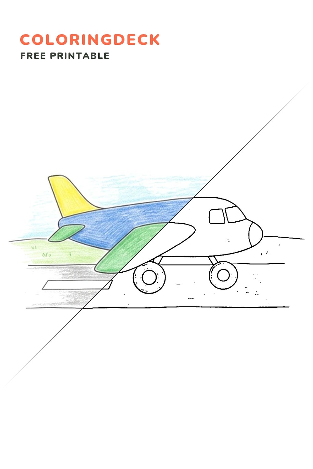 Airplane Runway Roll coloring page, free printable: half colored, half outline