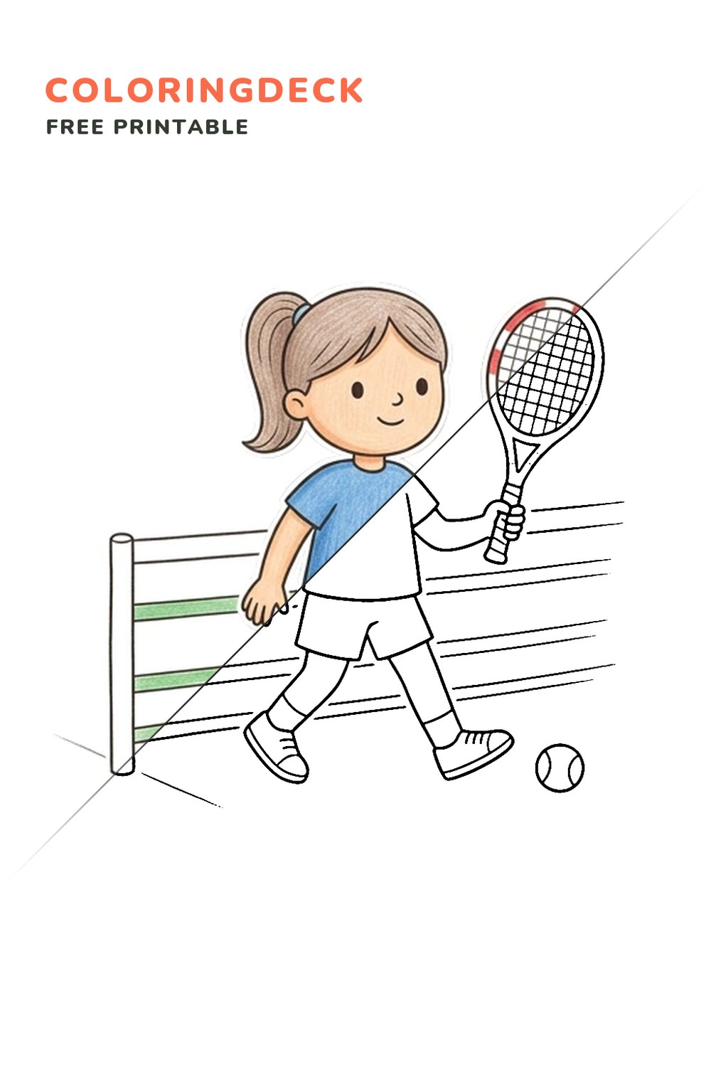 Tennis Net Step coloring page, free printable: half colored, half outline