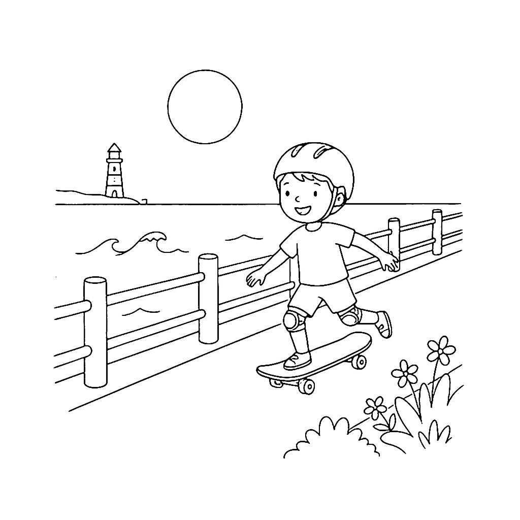 Seaside Skateboarder coloring page outline