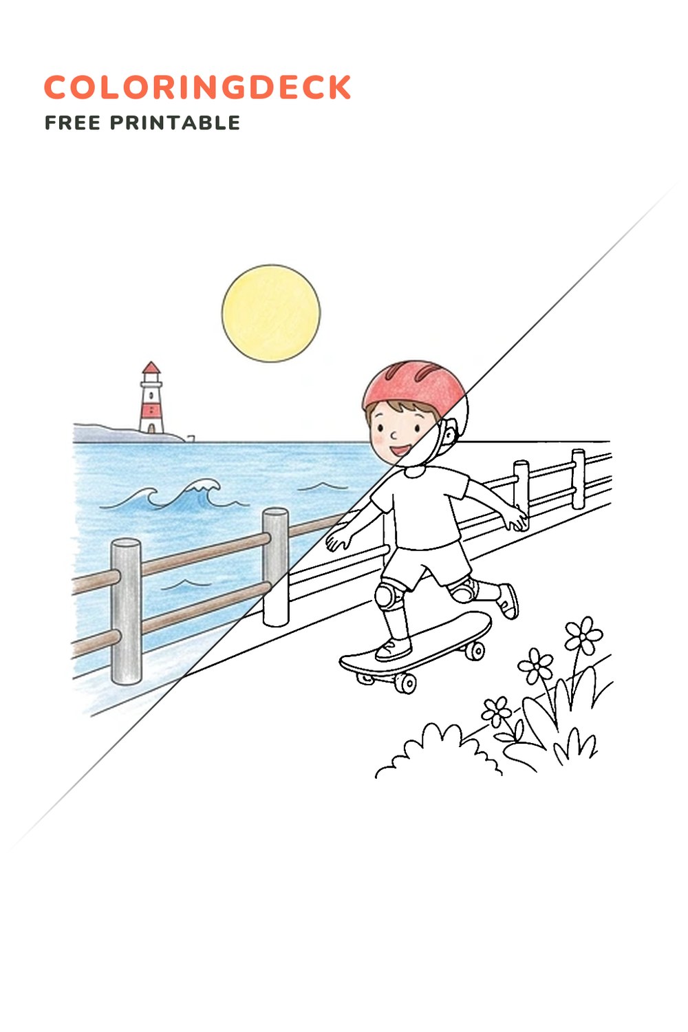 Seaside Skateboarder coloring page, free printable: half colored, half outline