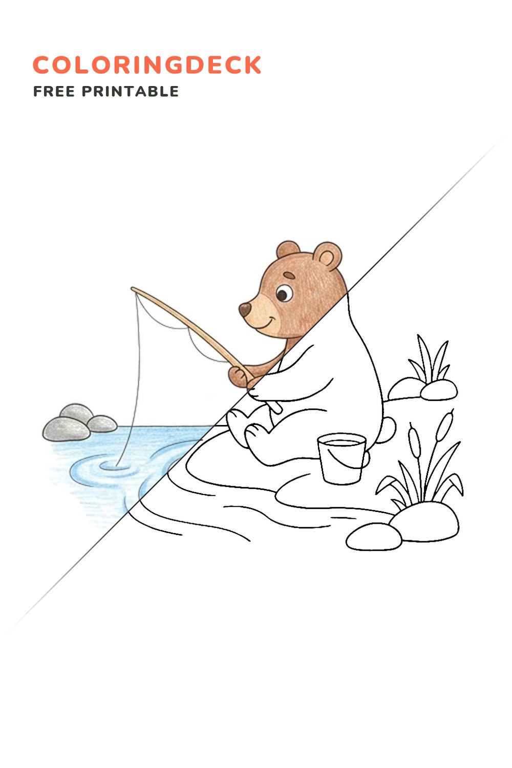 Bear Fishing Stream coloring page, free printable: half colored, half outline