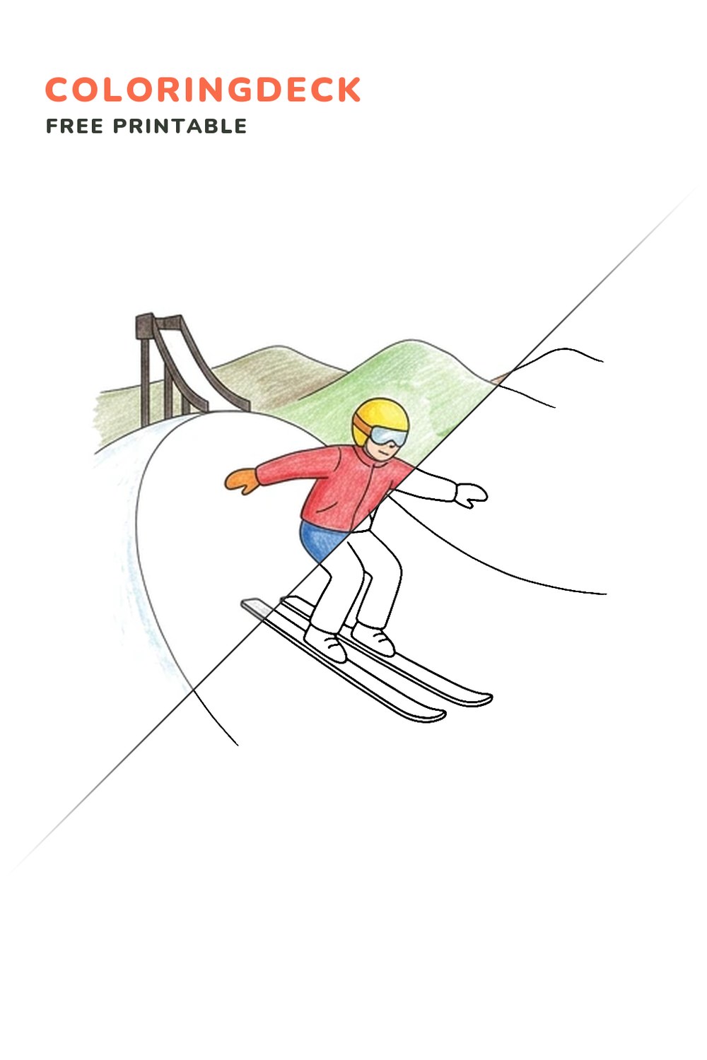 Ski Jump Landing coloring page, free printable: half colored, half outline