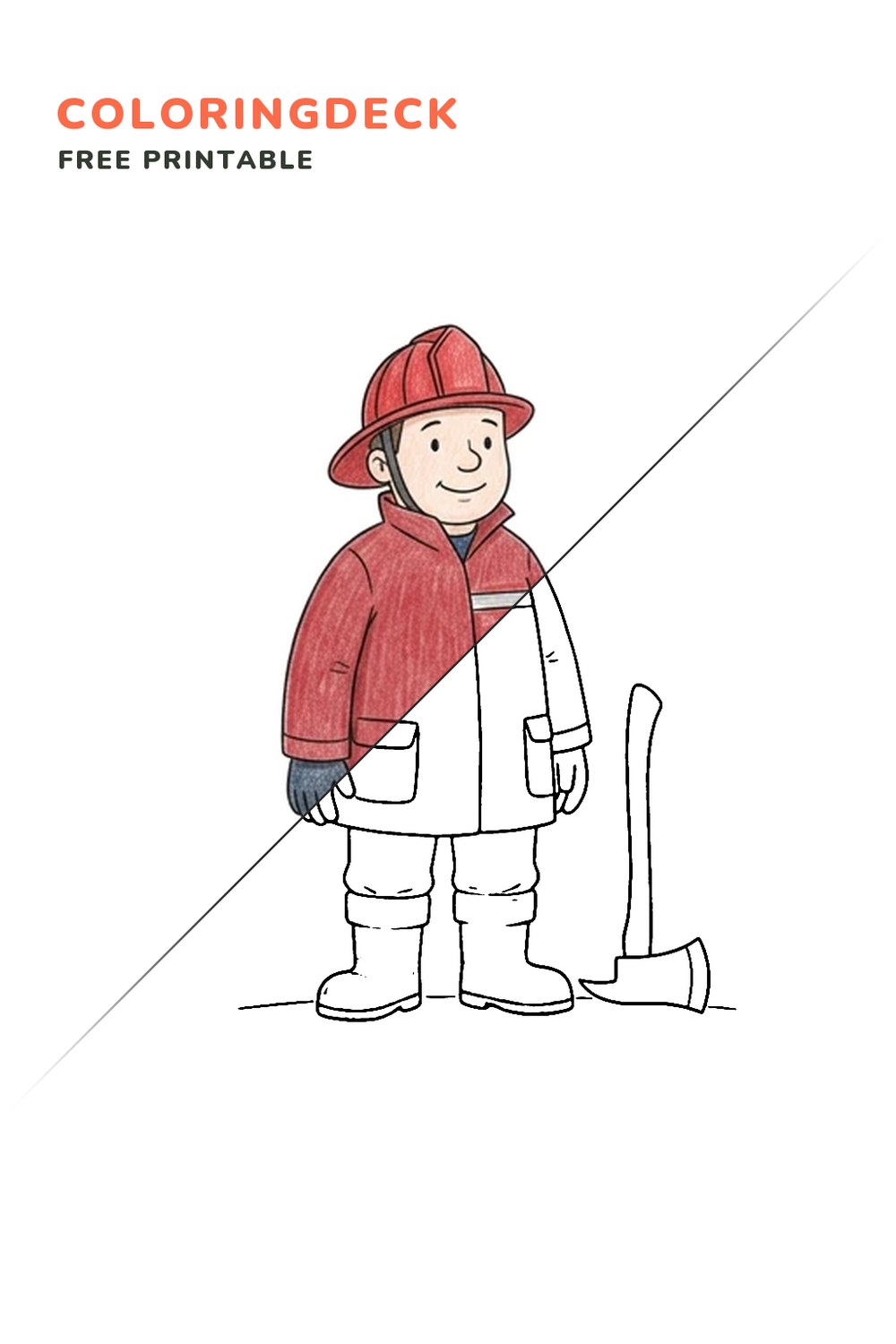 Firefighter With Axe coloring page, free printable: half colored, half outline