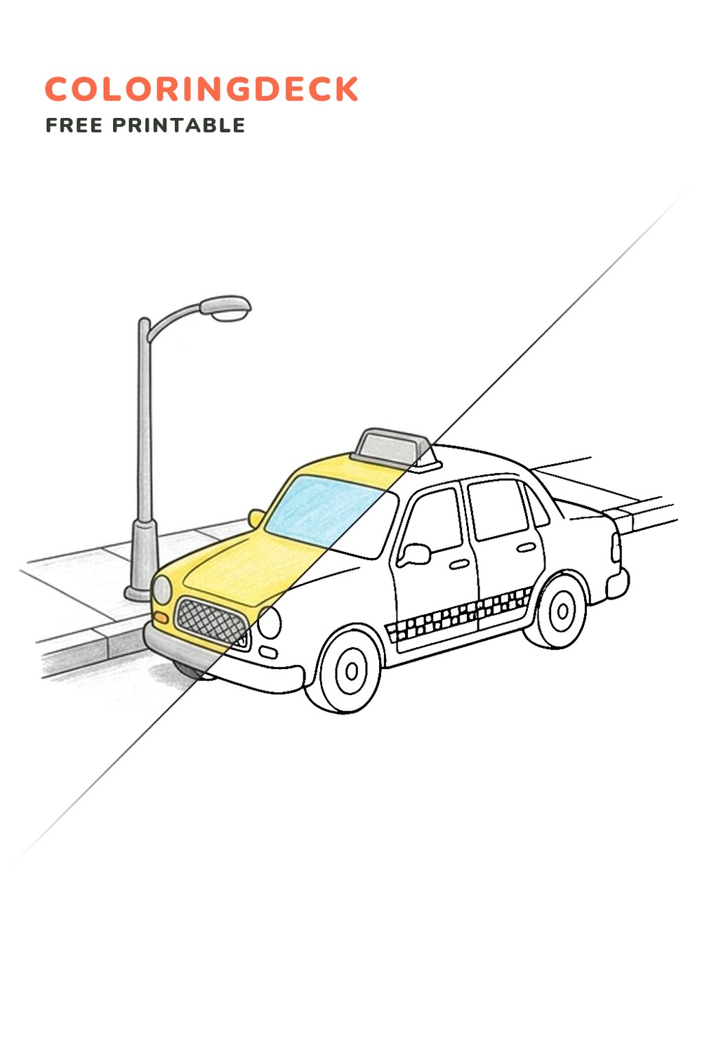 Yellow Taxi coloring page, free printable: half colored, half outline