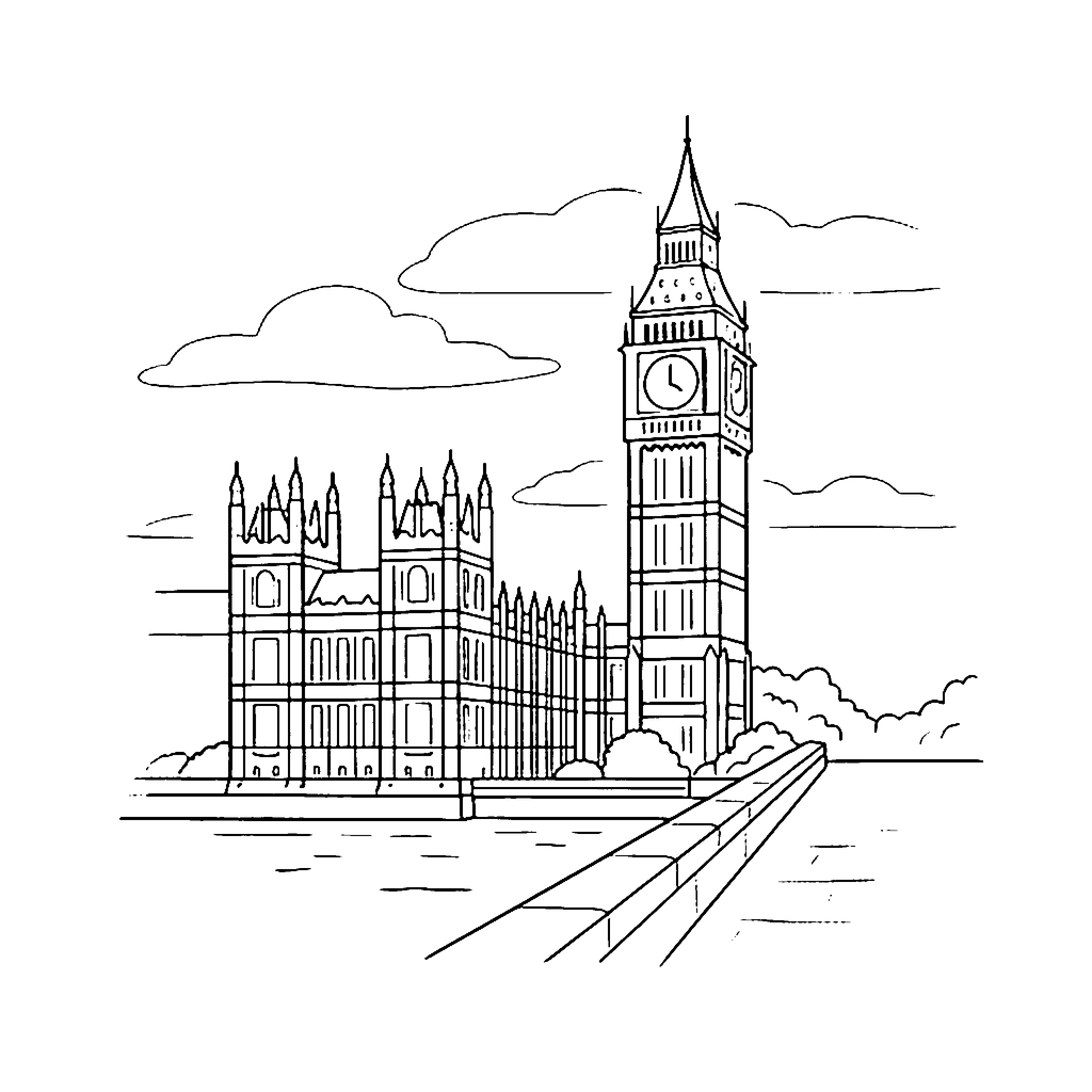 Big Ben Riverside coloring page outline