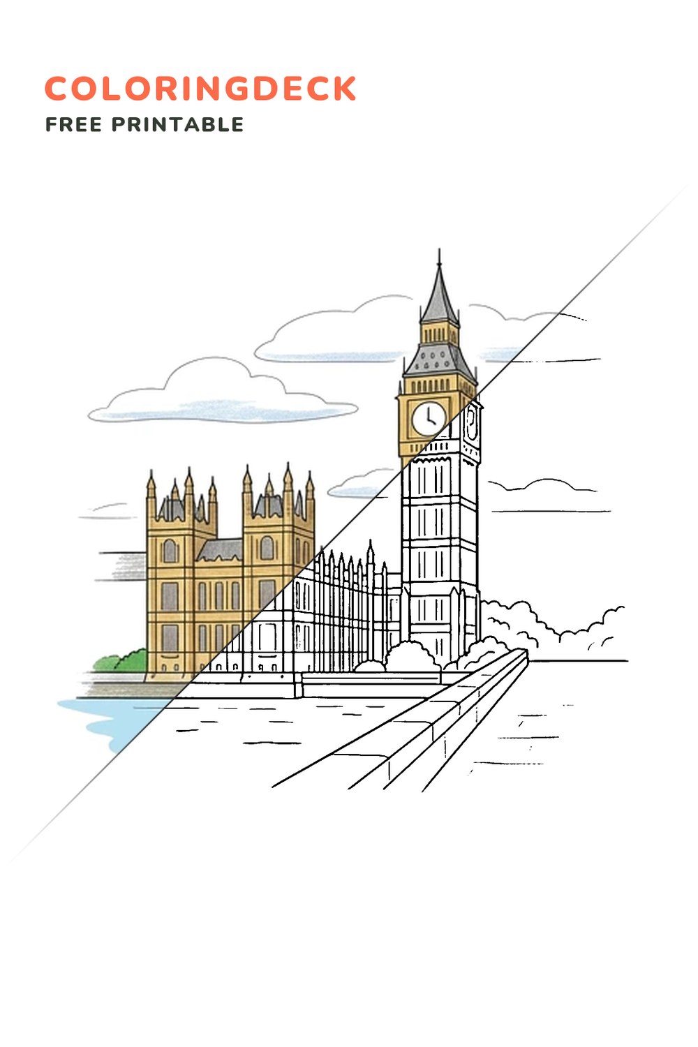 Big Ben Riverside coloring page, free printable: half colored, half outline