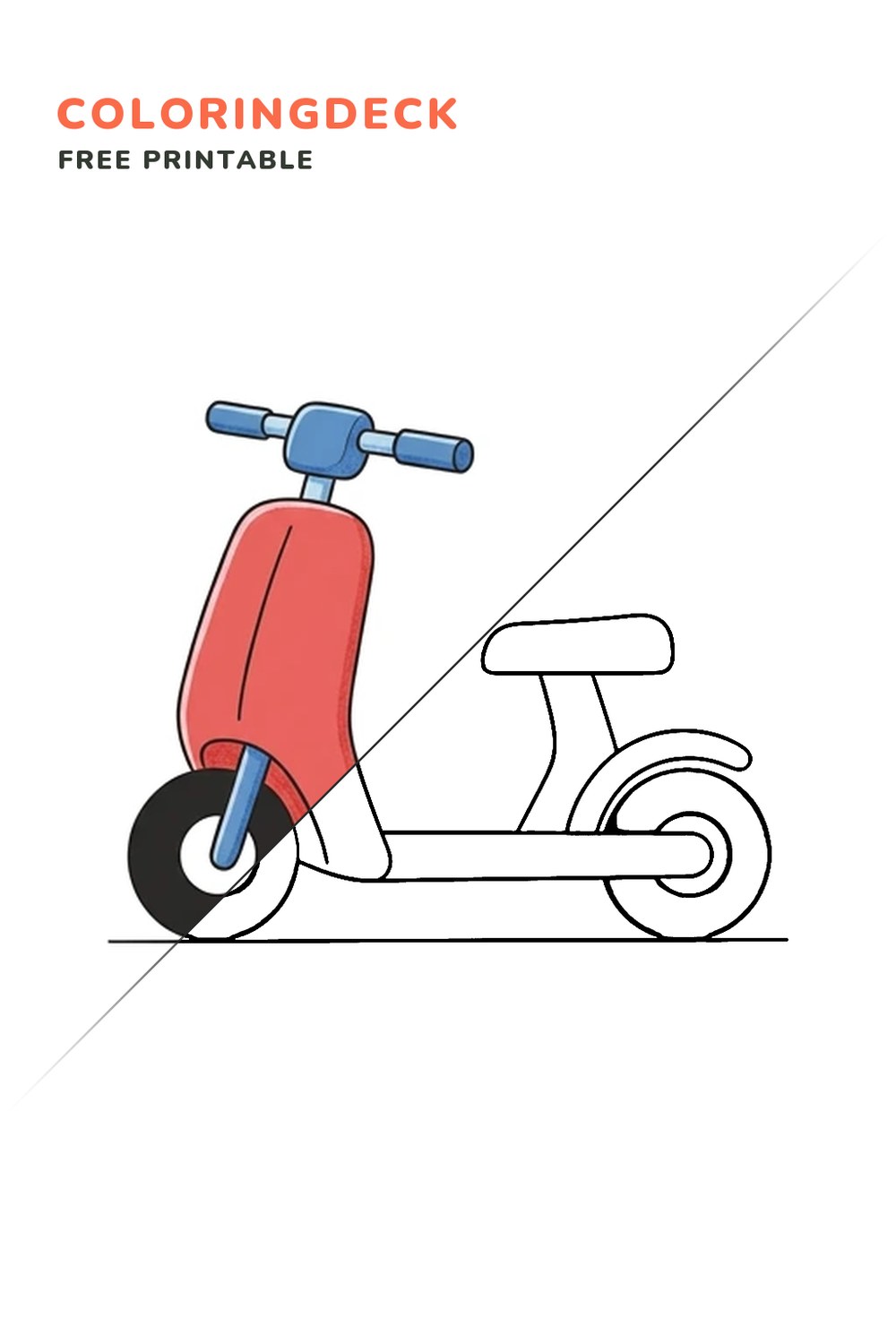 Scooter Side View coloring page, free printable: half colored, half outline