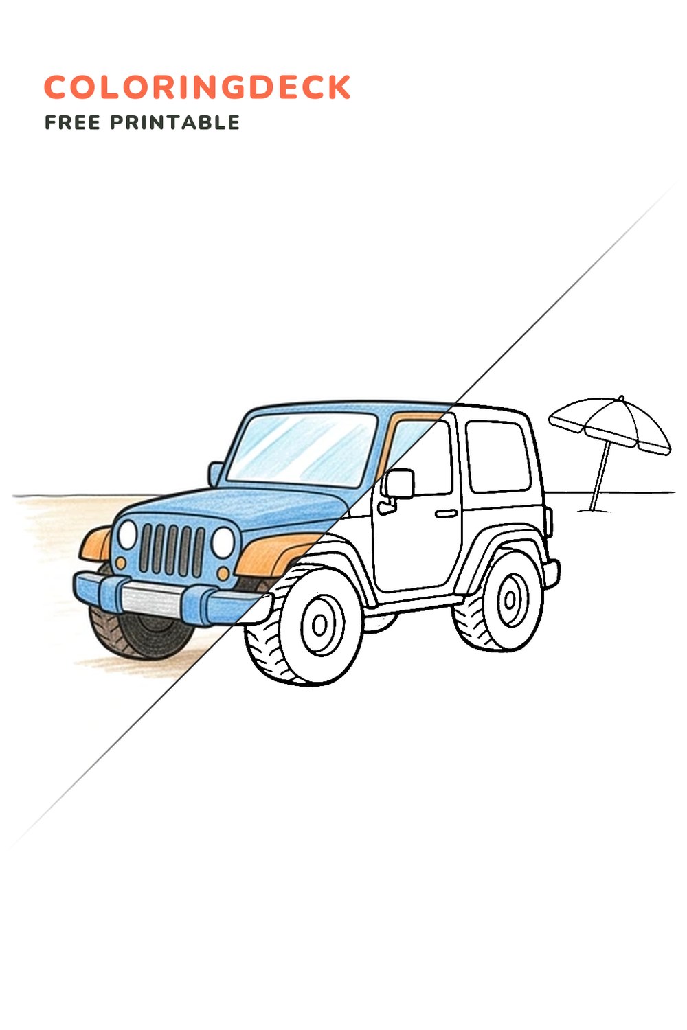 Jeep Beach Stop coloring page, free printable: half colored, half outline