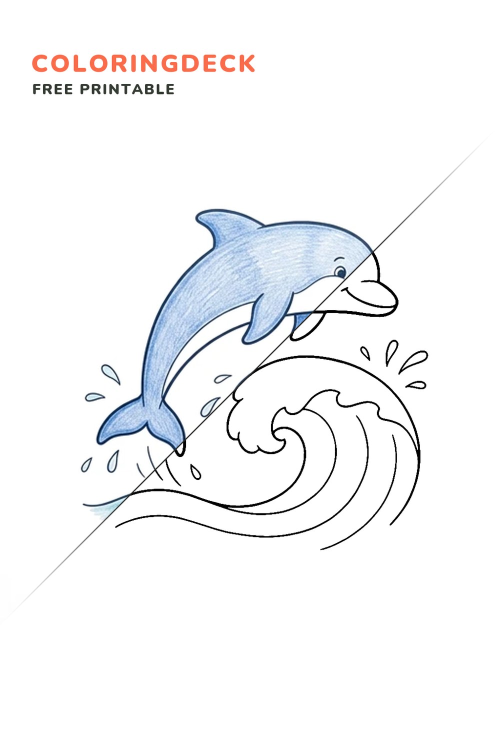Dolphin Wave Leap coloring page, free printable: half colored, half outline