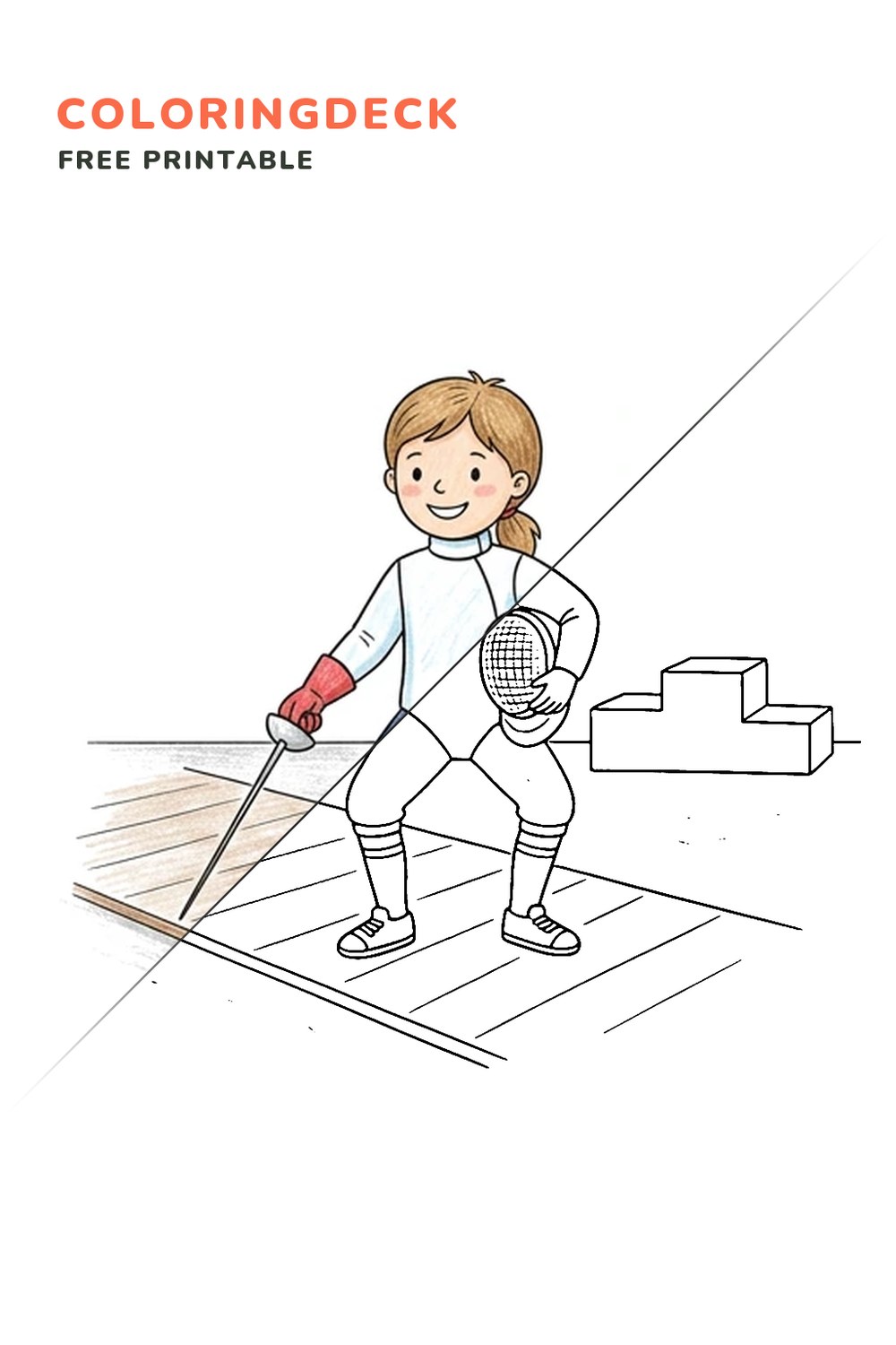 Fencing Salute coloring page, free printable: half colored, half outline
