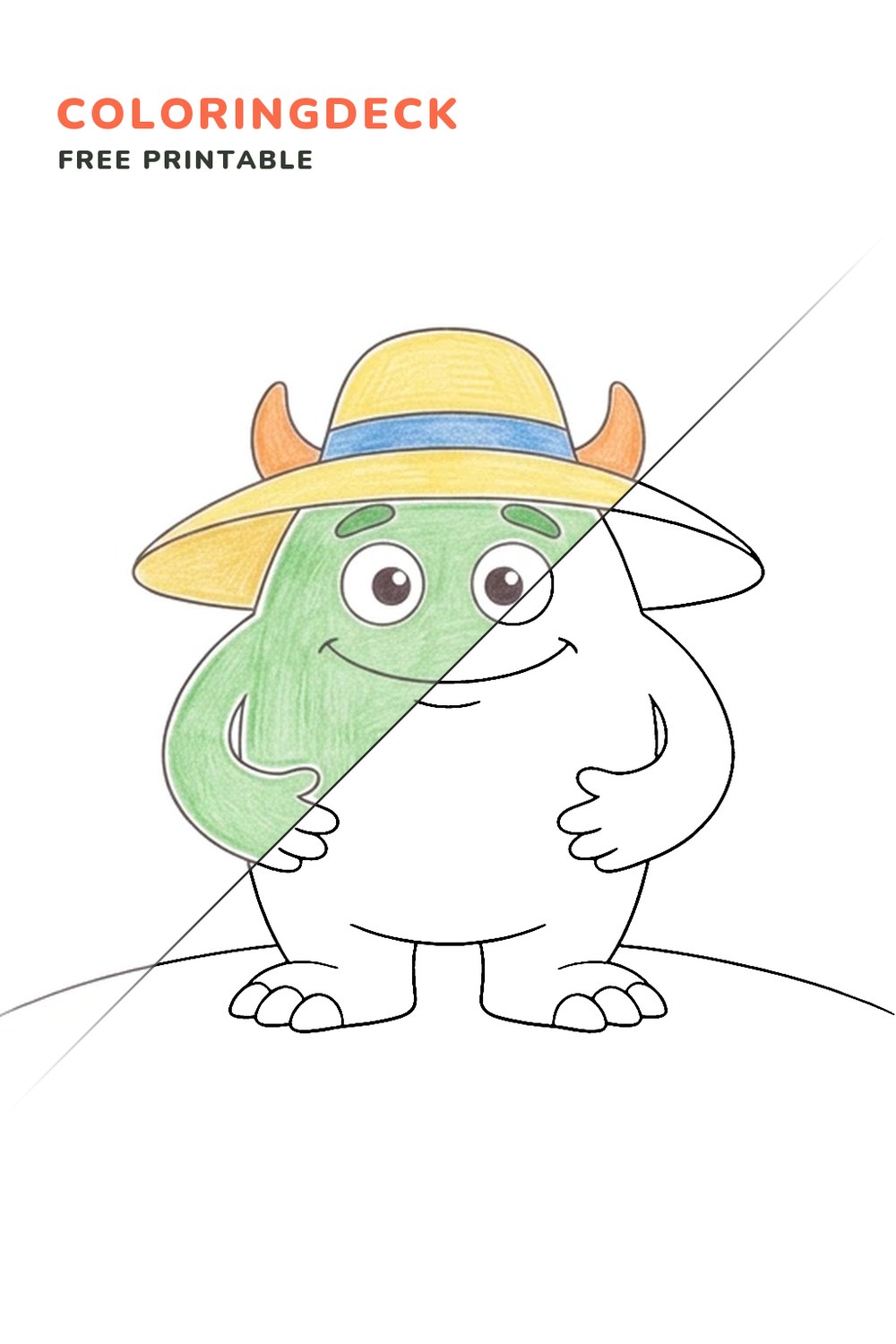Monster Garden Hat coloring page, free printable: half colored, half outline