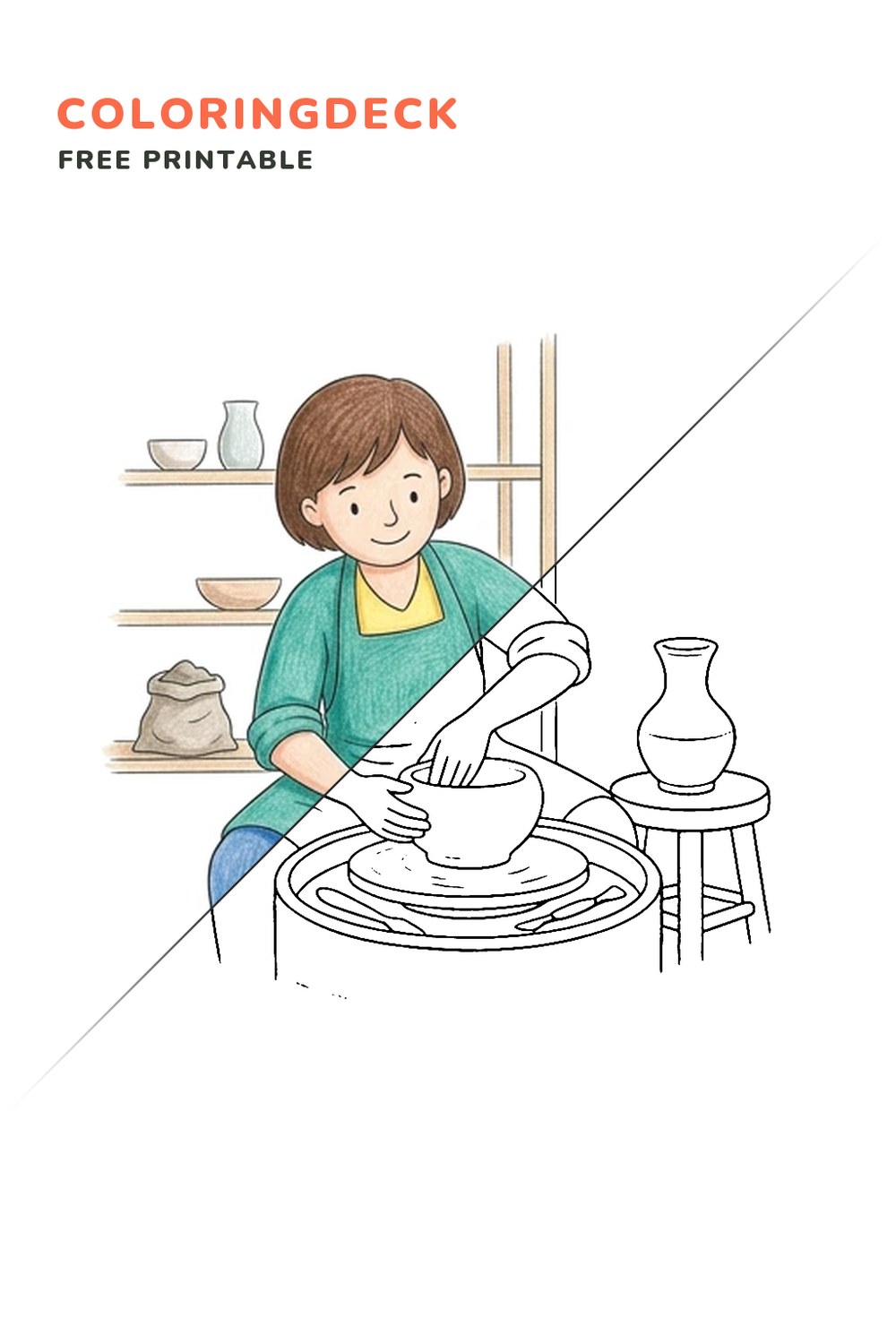 Potter Wheel Studio coloring page, free printable: half colored, half outline