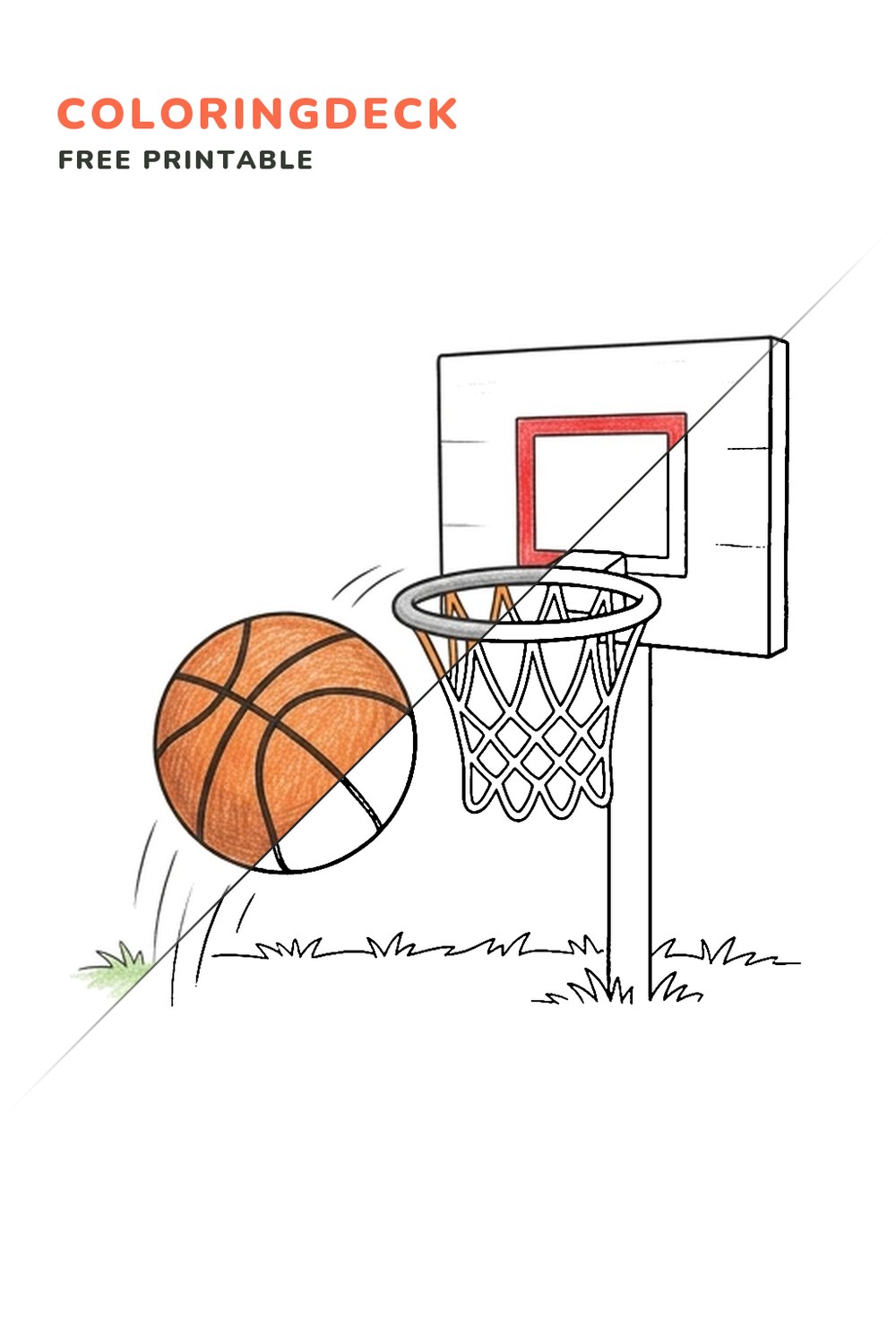 Basketball Hoop Shot coloring page, free printable: half colored, half outline
