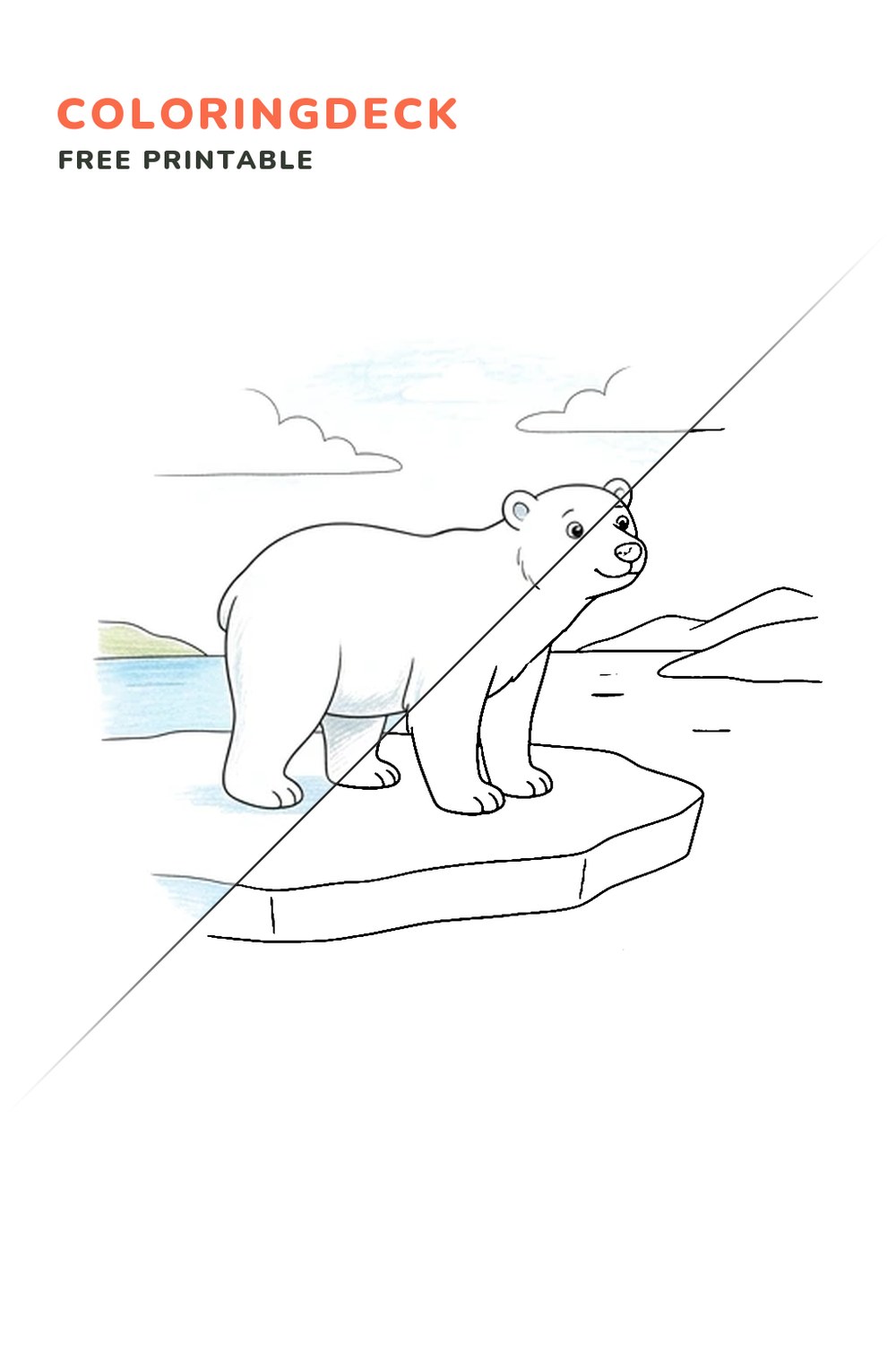 Polar Bear Floe coloring page, free printable: half colored, half outline