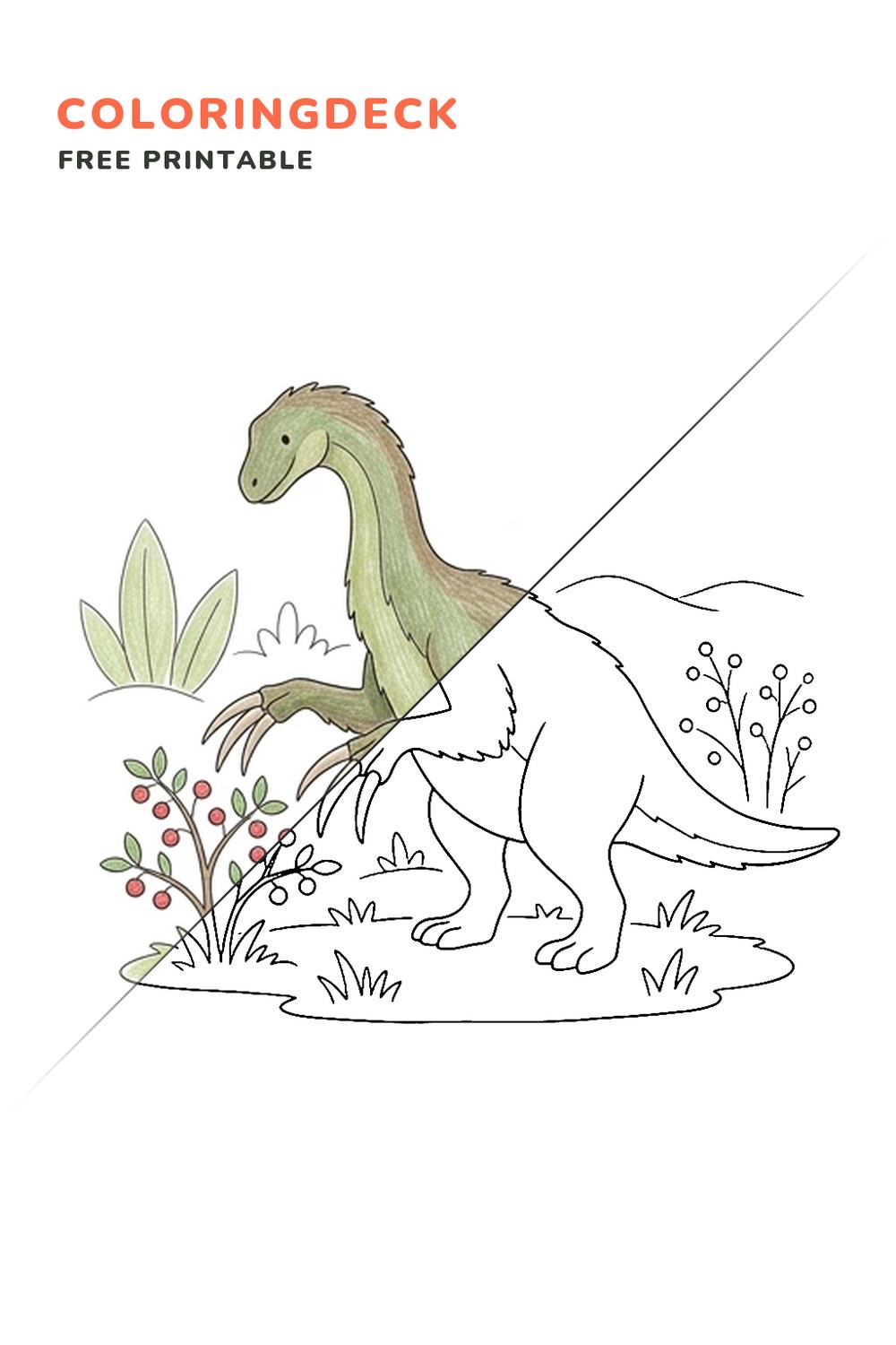 Therizinosaurus Berry Reach coloring page, free printable: half colored, half outline