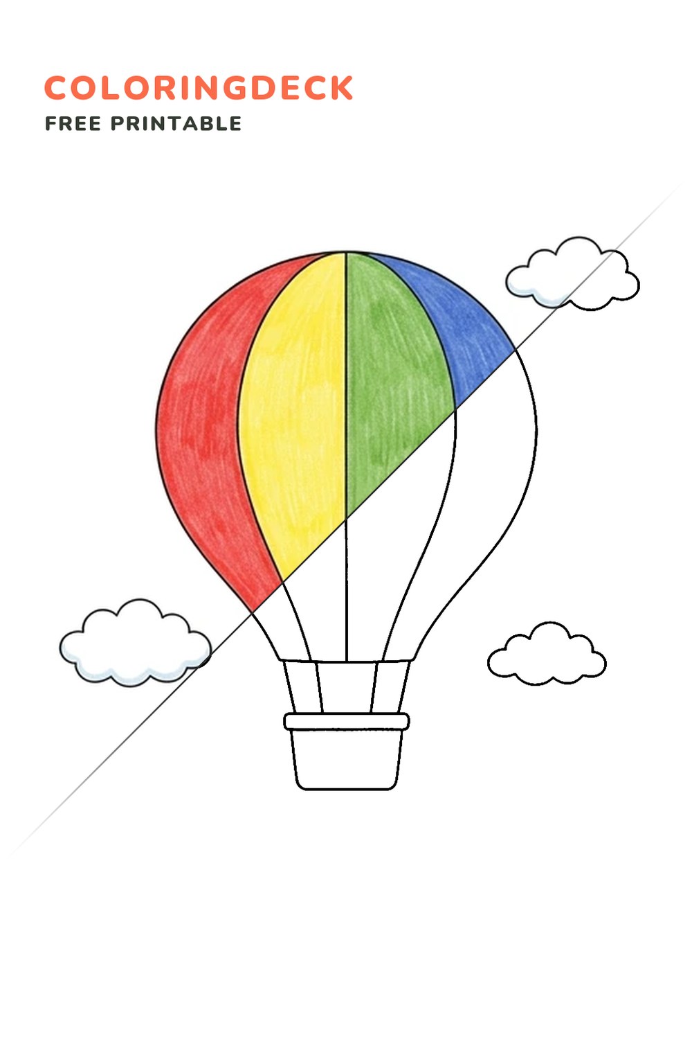 Big Hot Air Balloon coloring page, free printable: half colored, half outline