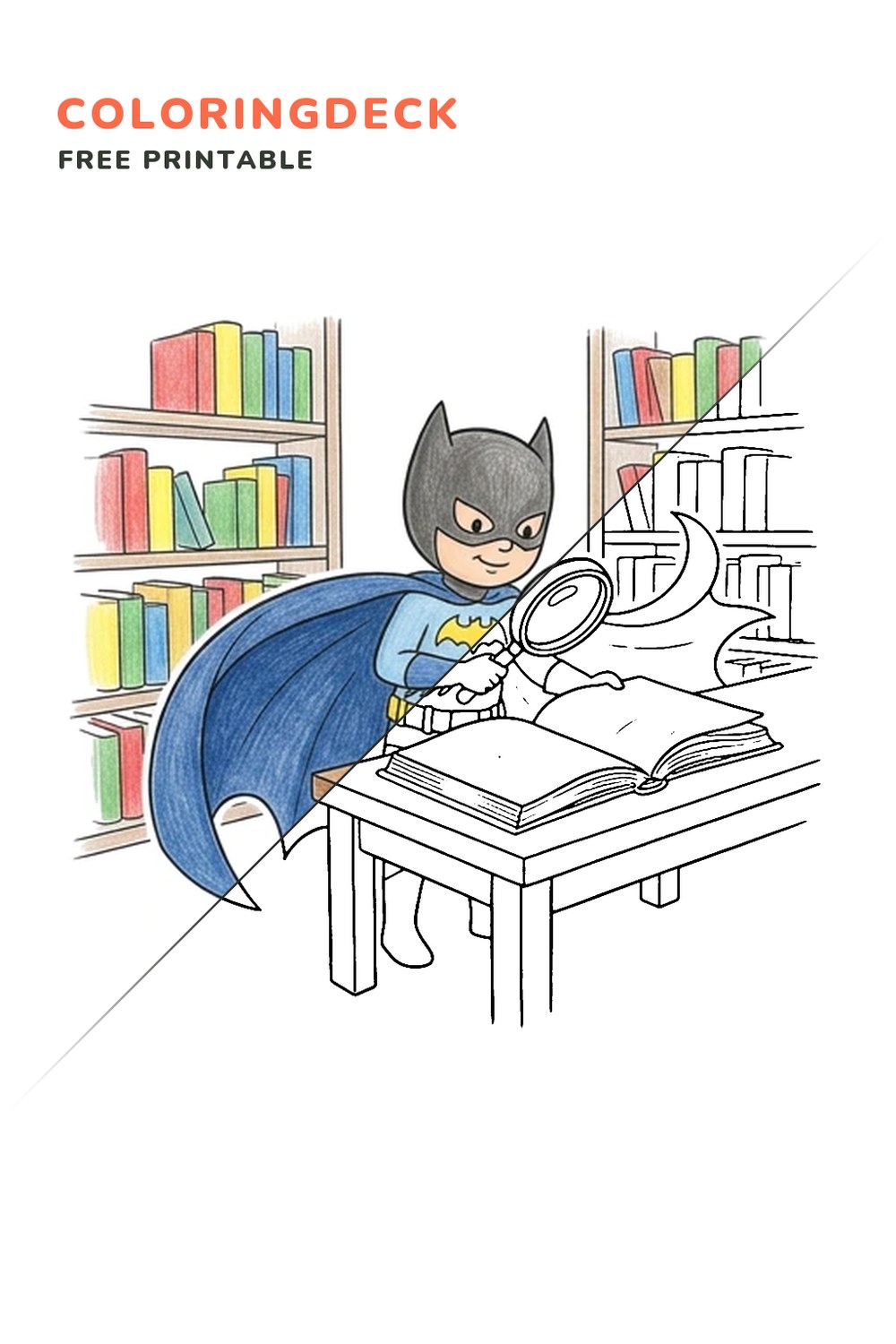 Bat Hero Library coloring page, free printable: half colored, half outline