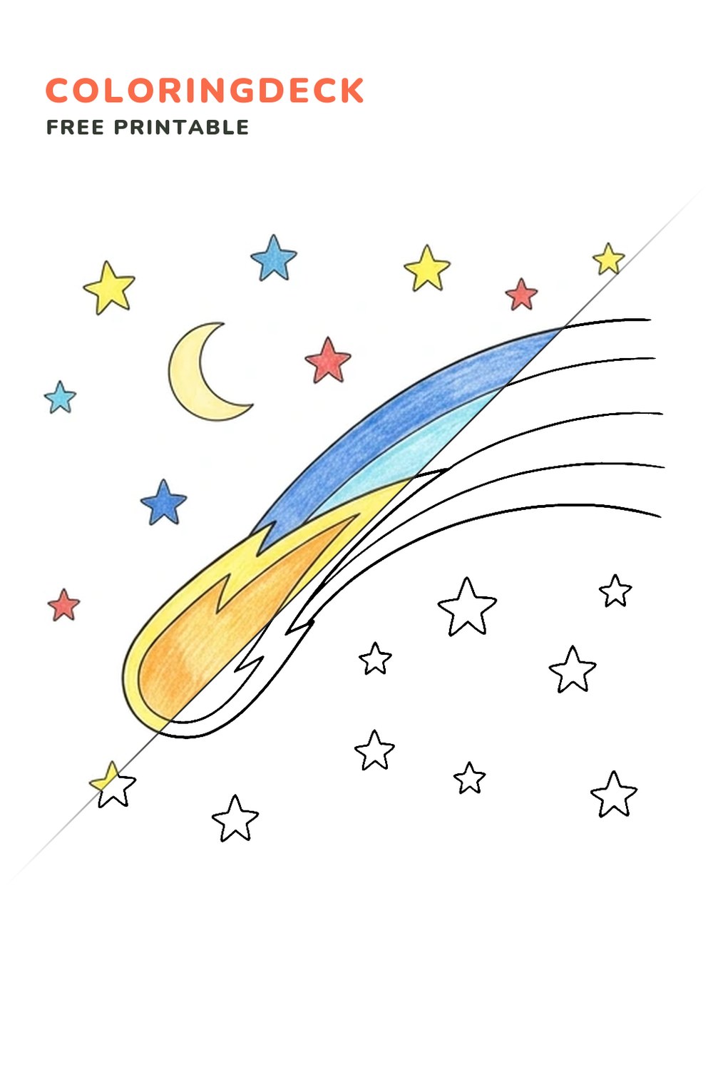 Comet Across Space coloring page, free printable: half colored, half outline