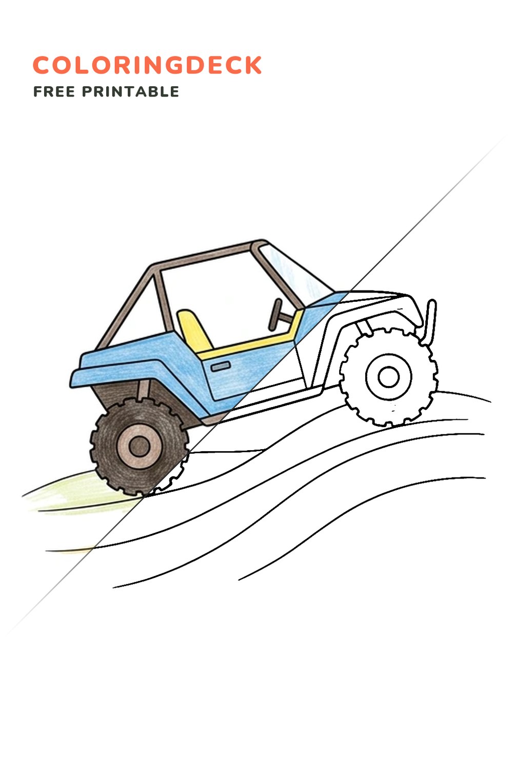 Dune Buggy Climb coloring page, free printable: half colored, half outline