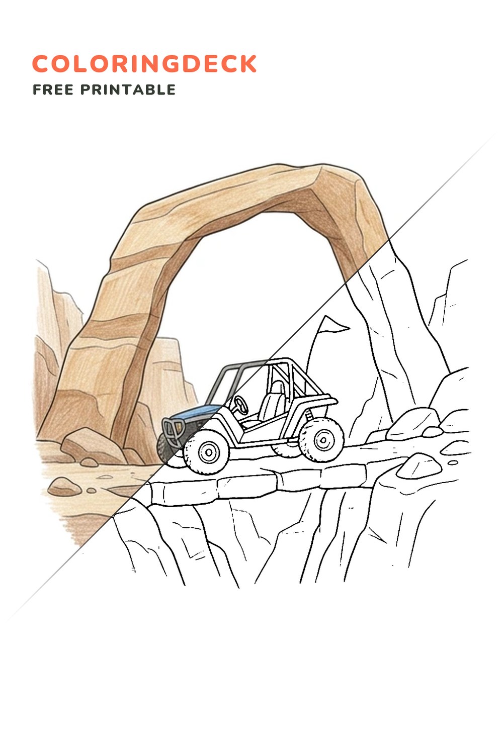 Canyon Buggy Crossing coloring page, free printable: half colored, half outline