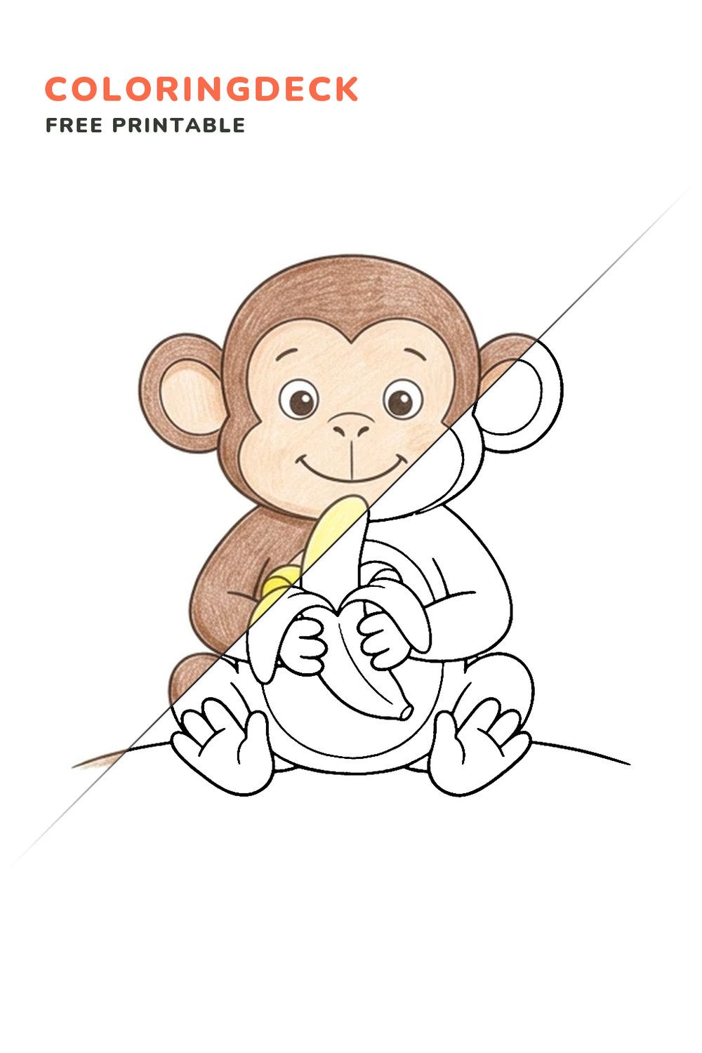 Monkey With Banana coloring page, free printable: half colored, half outline