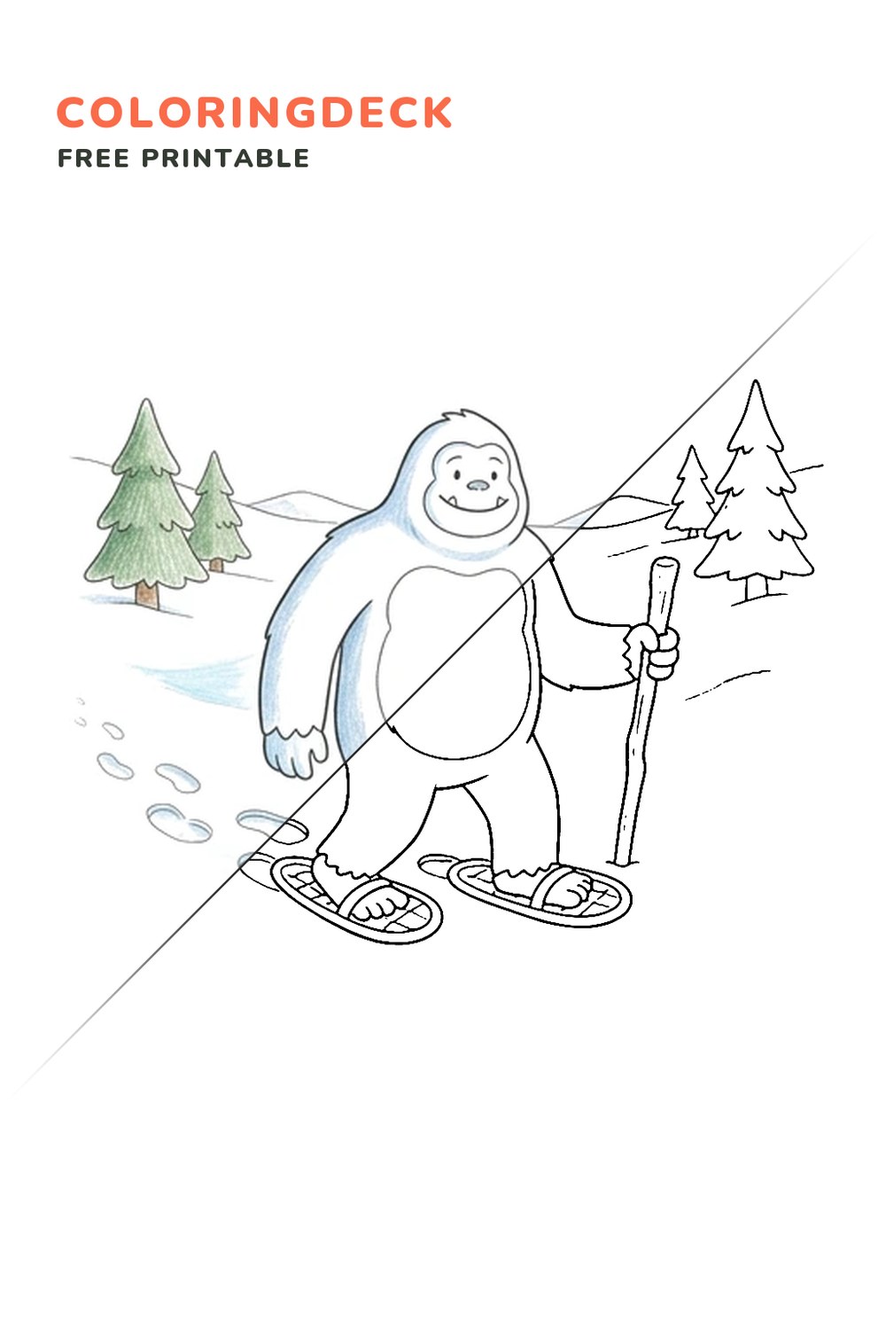 Yeti Snowshoe Trek coloring page, free printable: half colored, half outline