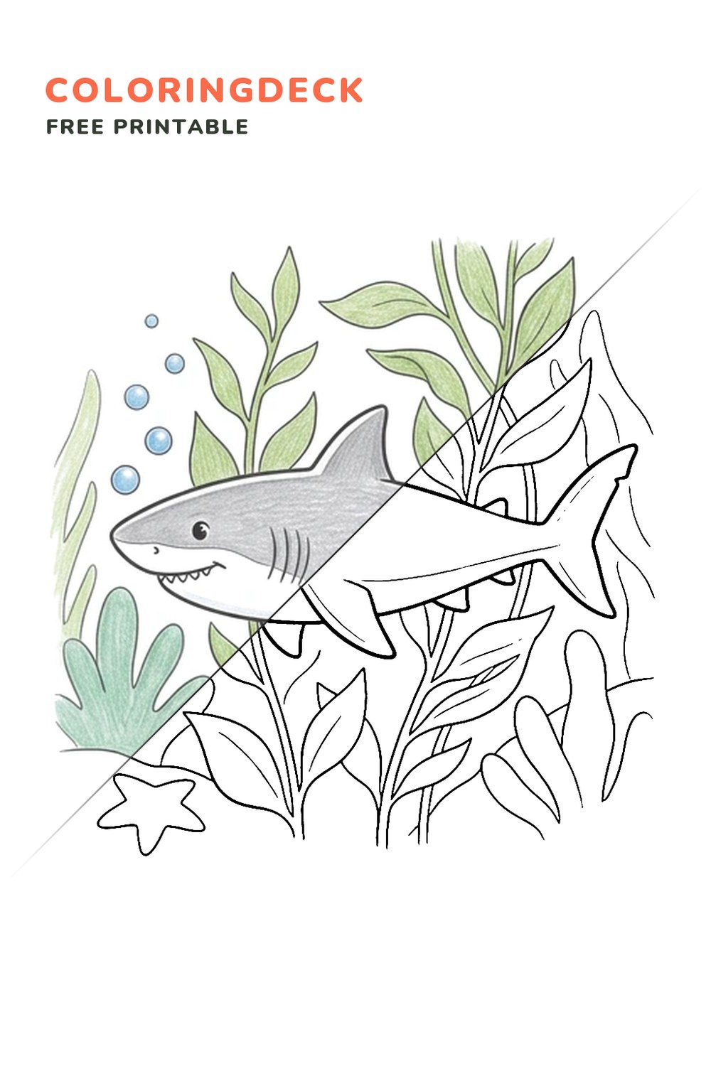 Shark Kelp Glide coloring page, free printable: half colored, half outline