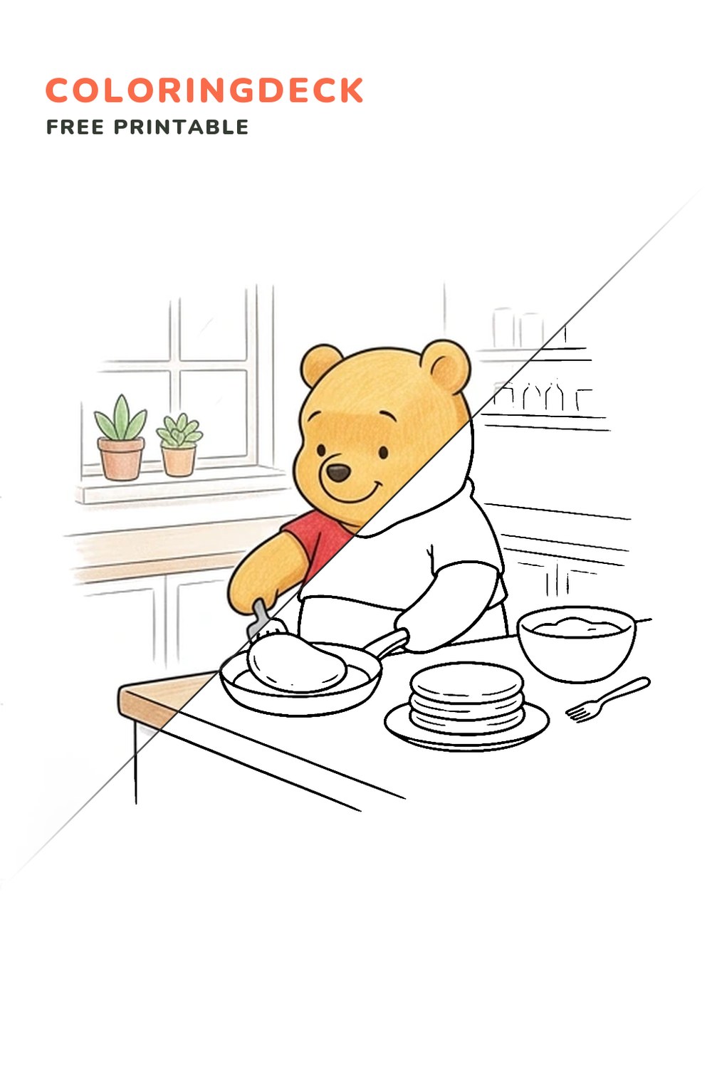 Bear Pancake Breakfast coloring page, free printable: half colored, half outline