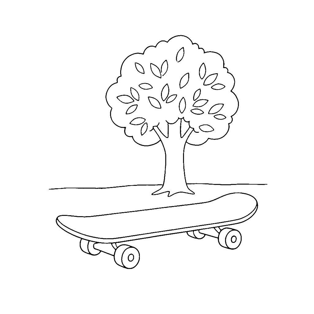 Skateboard coloring page: Skateboard Under Tree, outline to print