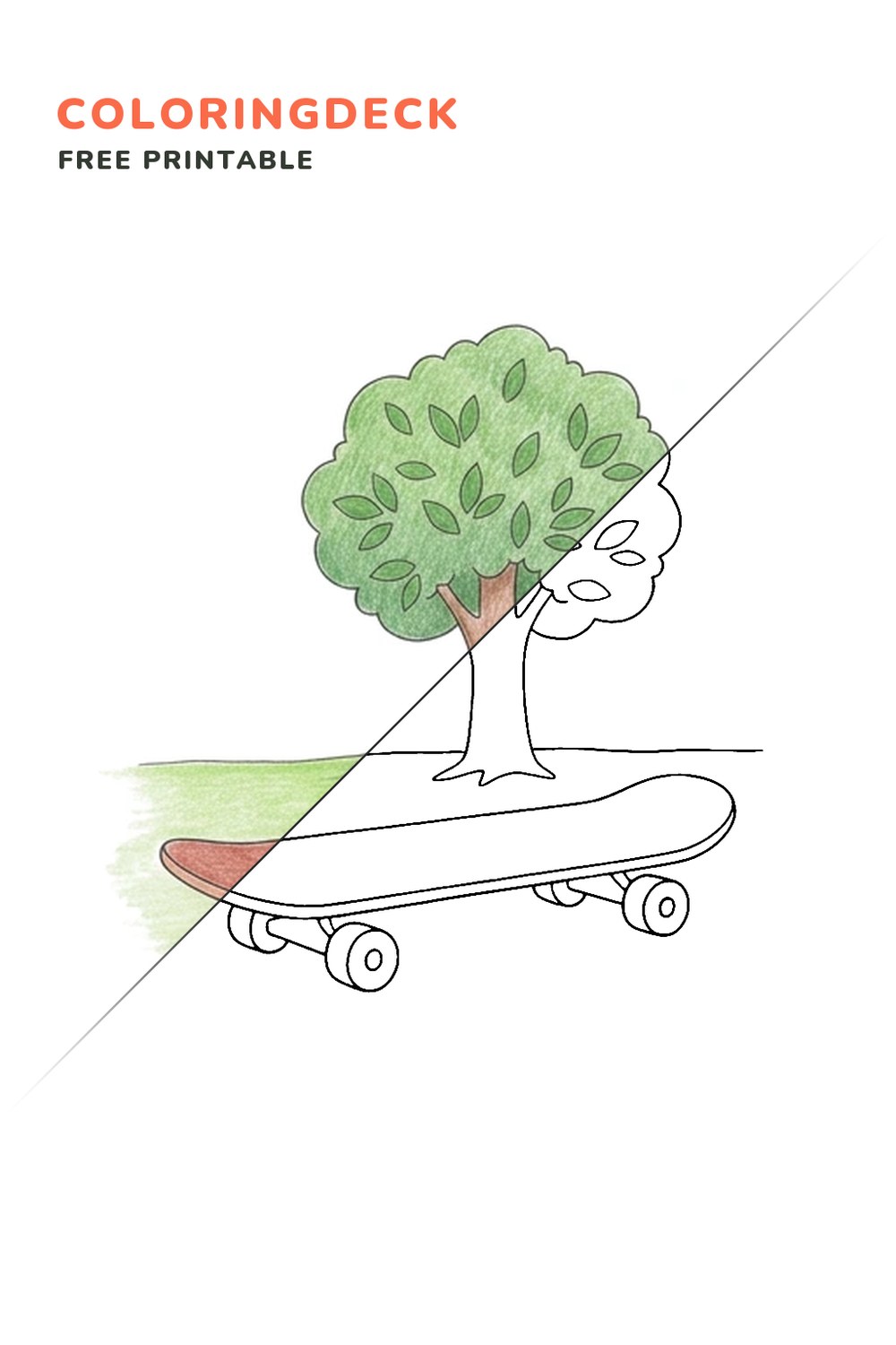 Skateboard Under Tree coloring page, free printable: half colored, half outline