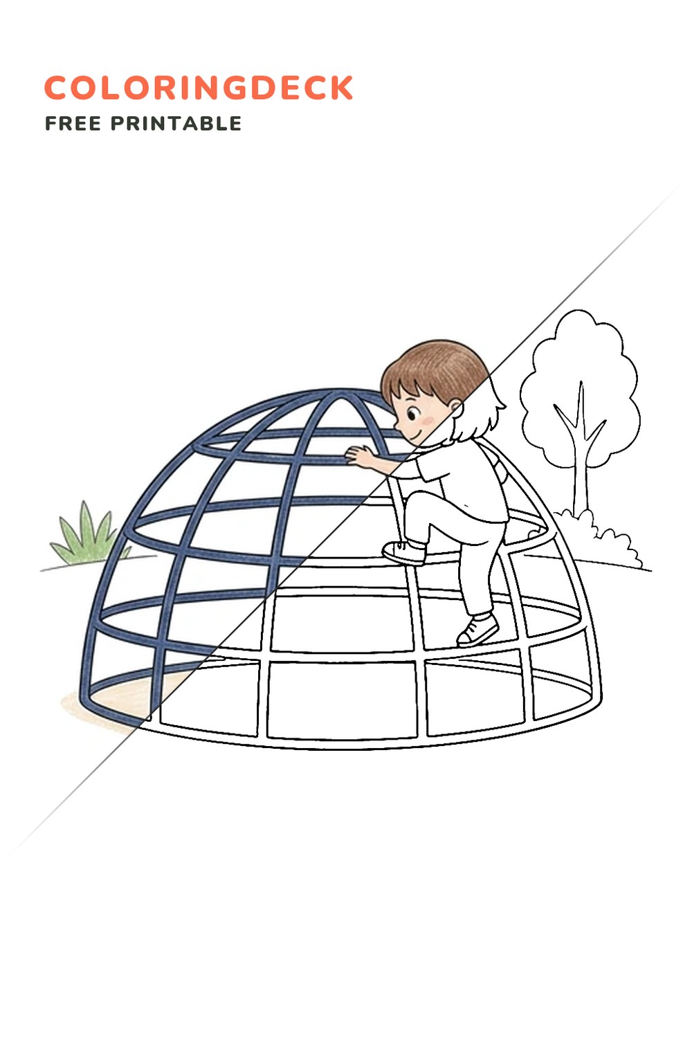 Climbing Dome coloring page, free printable: half colored, half outline