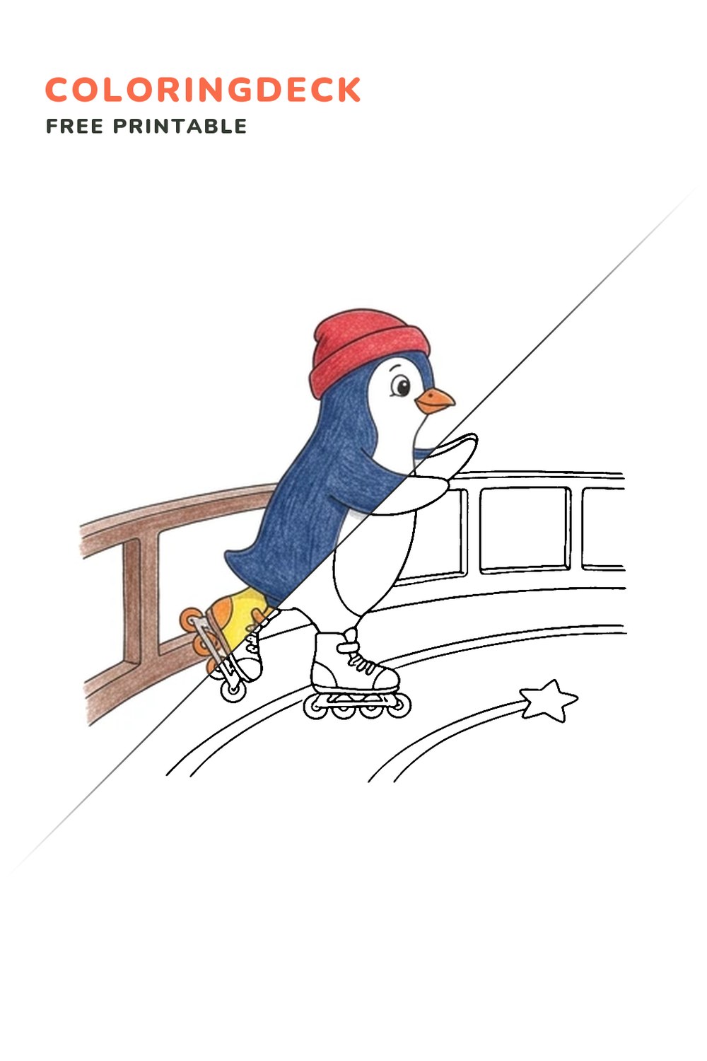 Penguin Skate Lesson coloring page, free printable: half colored, half outline