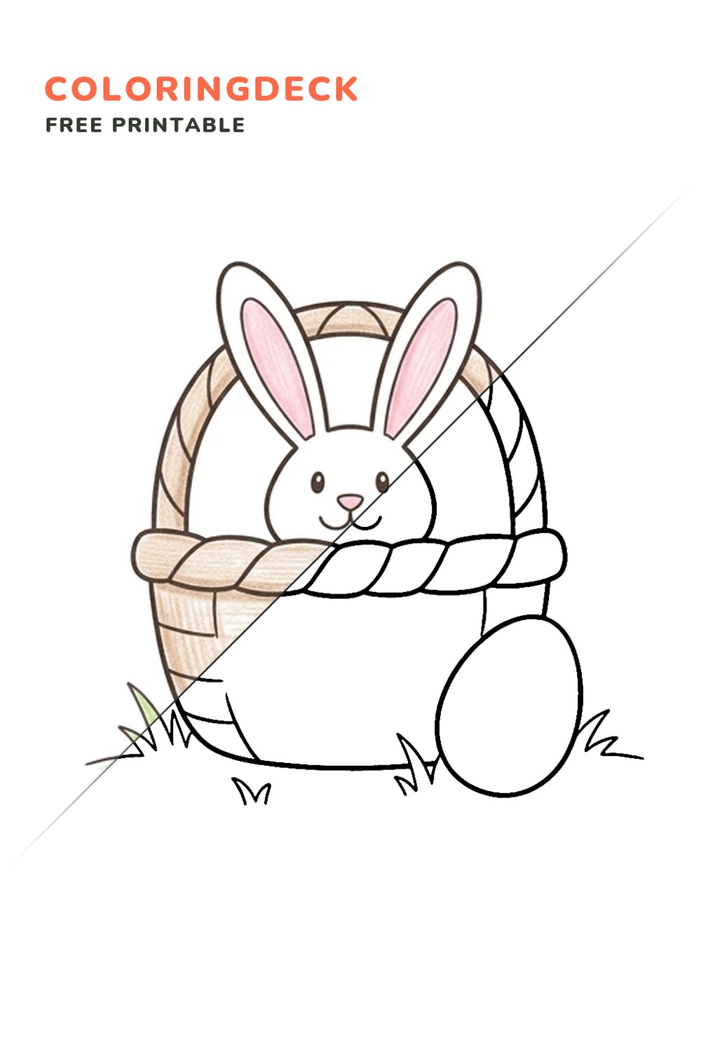 Bunny Basket Peek coloring page, free printable: half colored, half outline