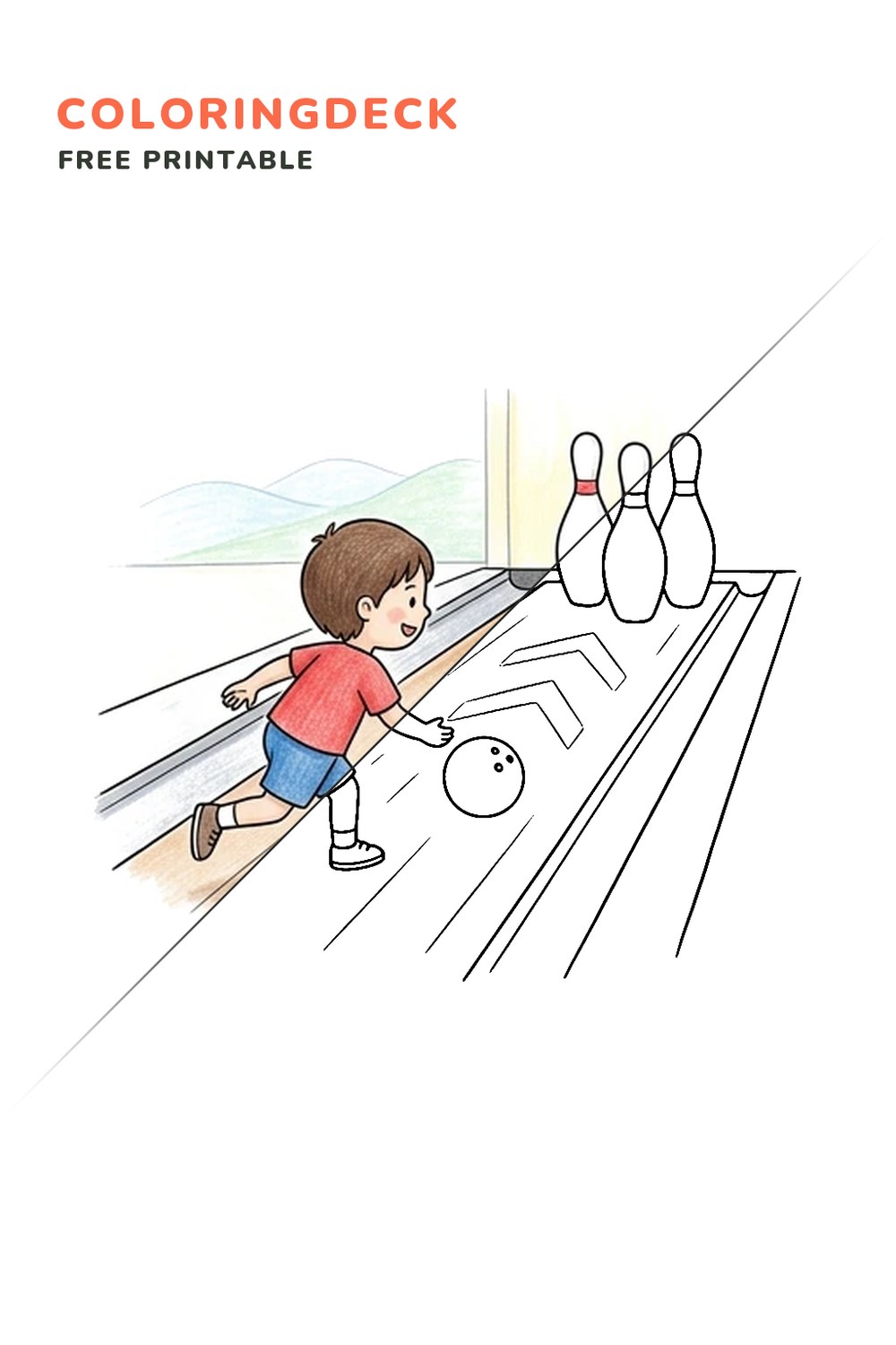 Bowling Alley Roll coloring page, free printable: half colored, half outline