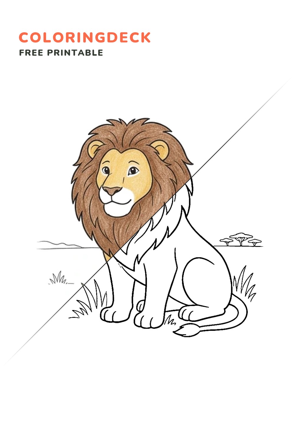 Lion Mane Portrait coloring page, free printable: half colored, half outline