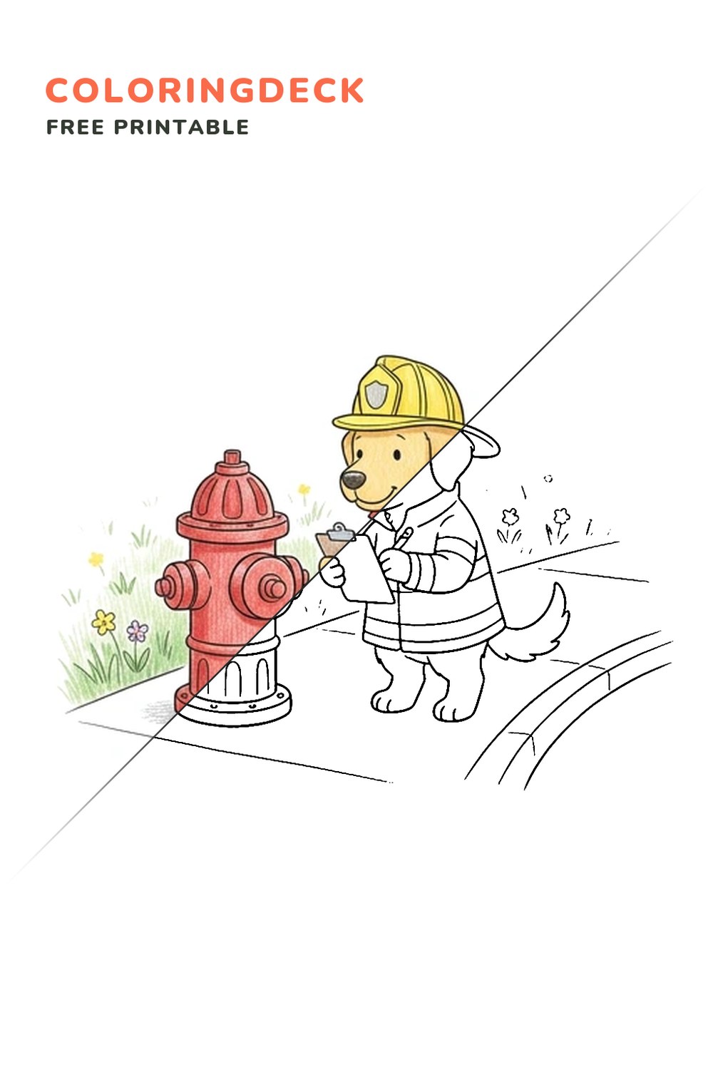 Hydrant Check Dog coloring page, free printable: half colored, half outline