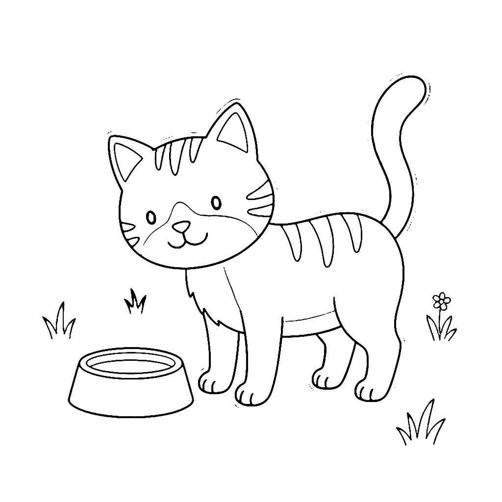 Cat coloring page: Cat By Bowl, outline to print