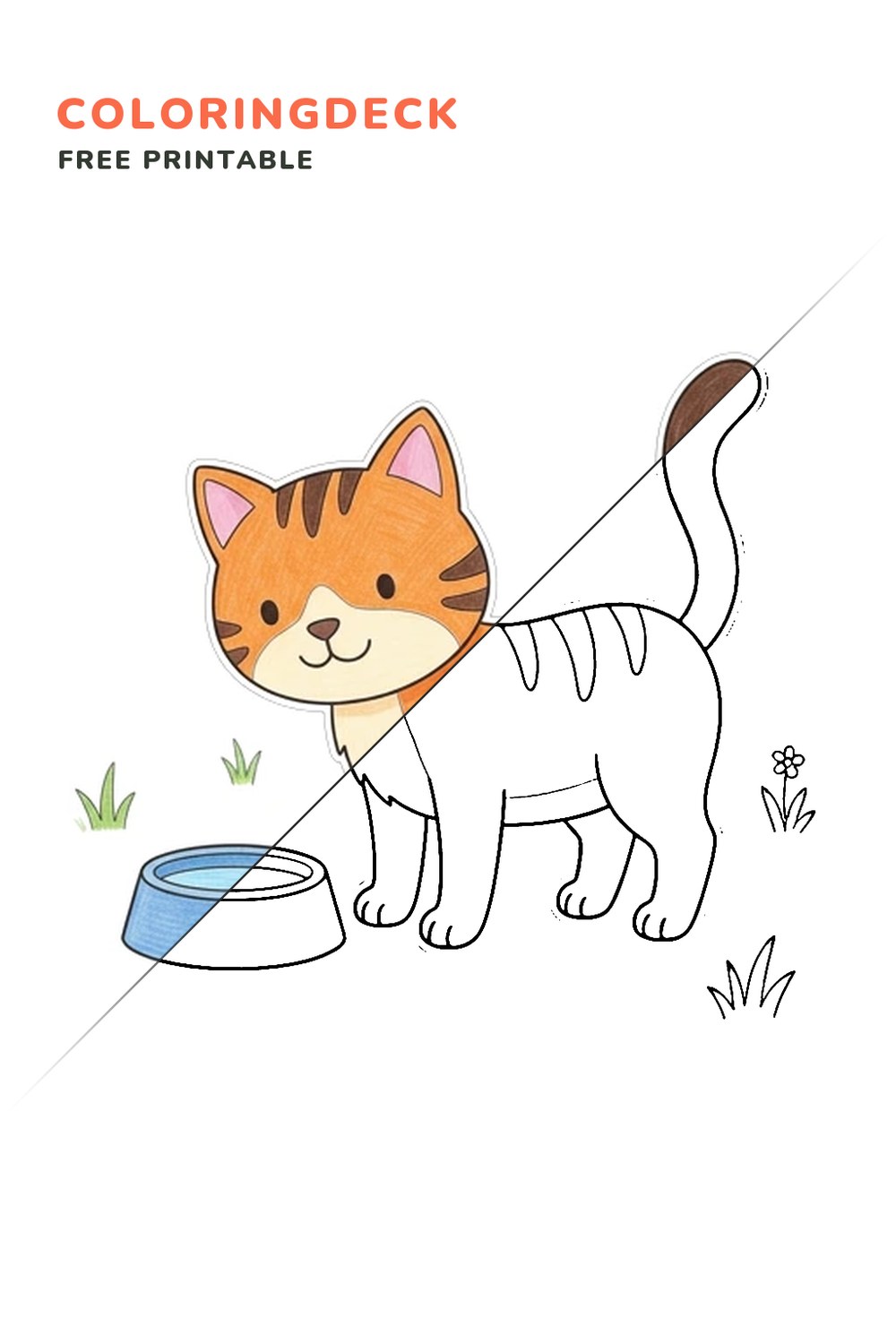 Cat By Bowl coloring page, free printable: half colored, half outline