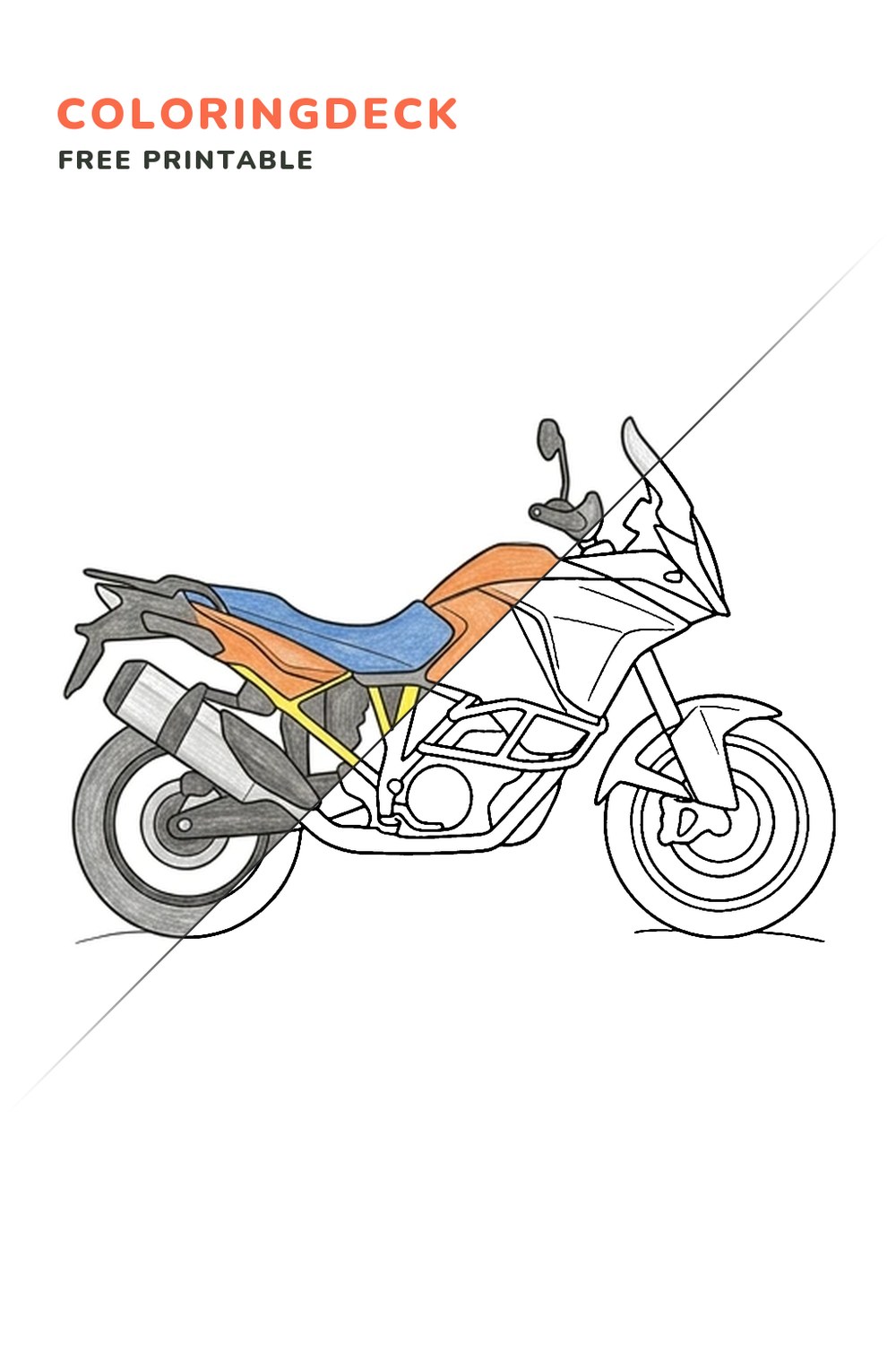 Trail Motorcycle coloring page, free printable: half colored, half outline