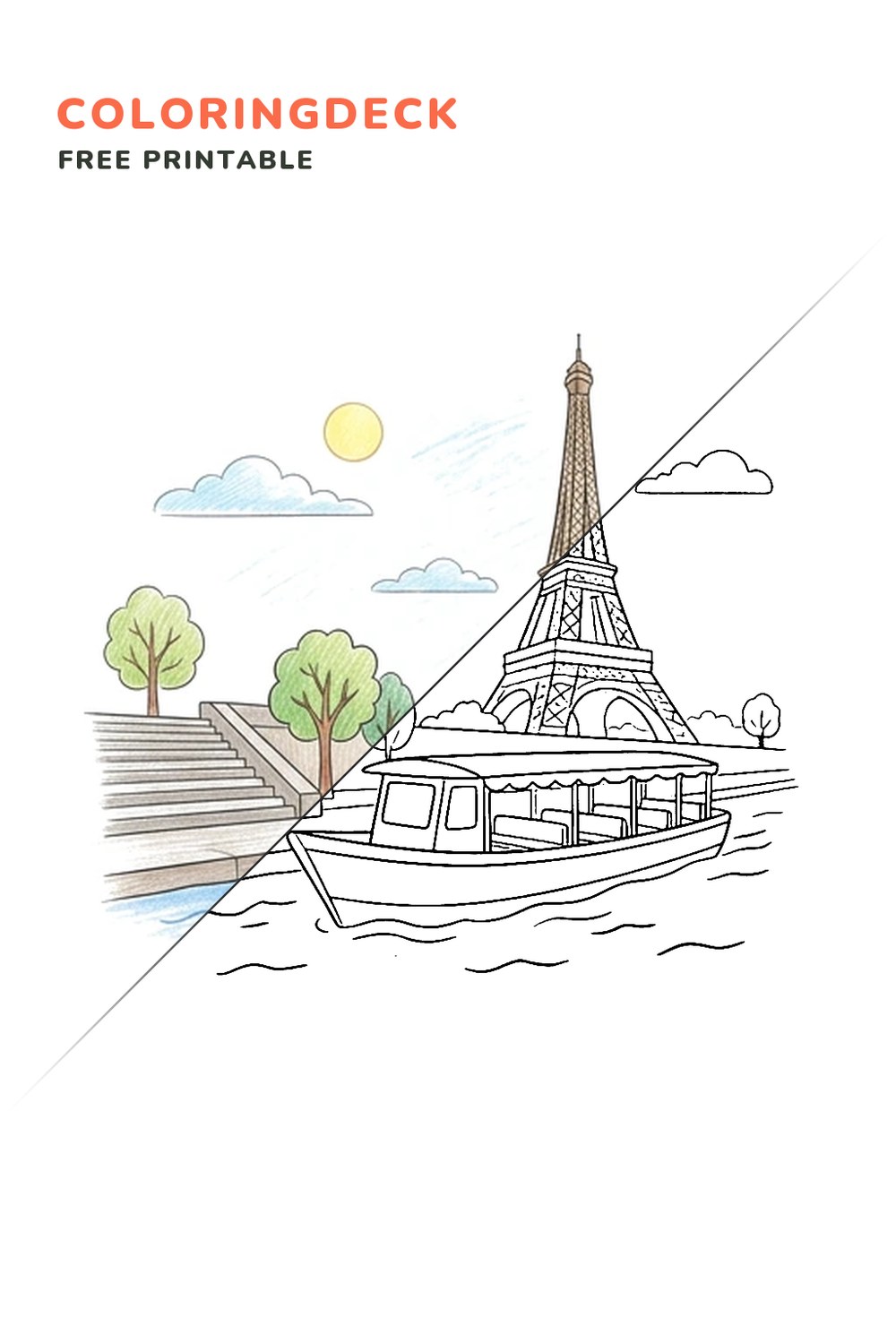 Seine Tower Boat coloring page, free printable: half colored, half outline