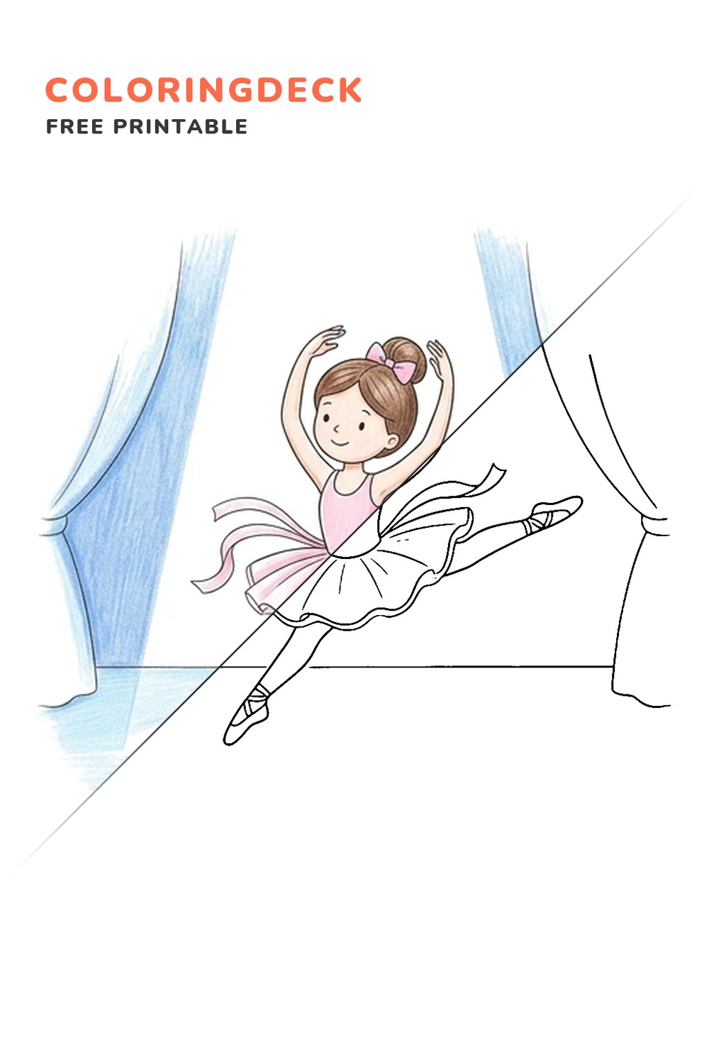 Ballet Spotlight Leap coloring page, free printable: half colored, half outline