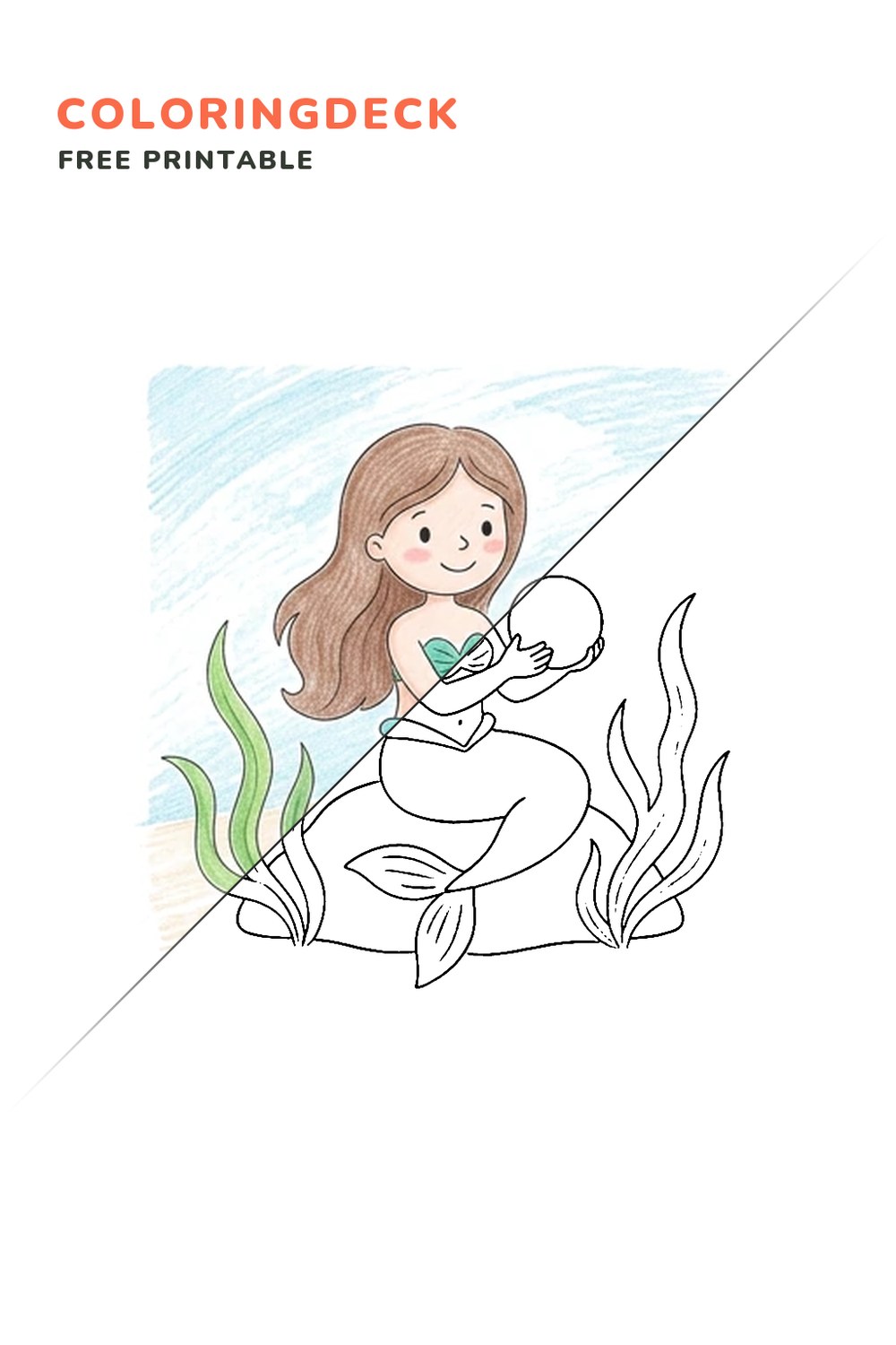 Mermaid Pearl Cove coloring page, free printable: half colored, half outline