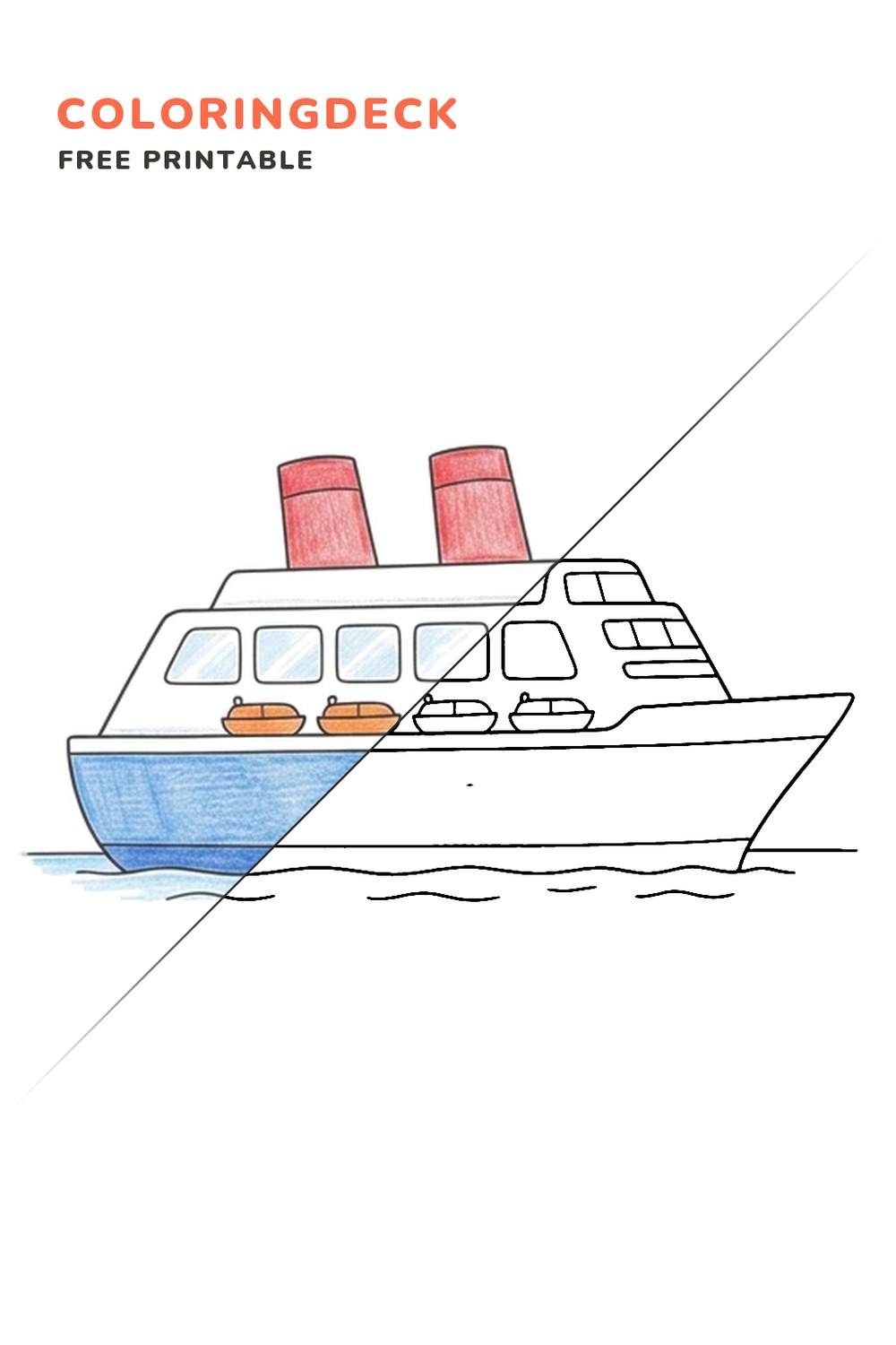 Big Cruise Ship coloring page, free printable: half colored, half outline