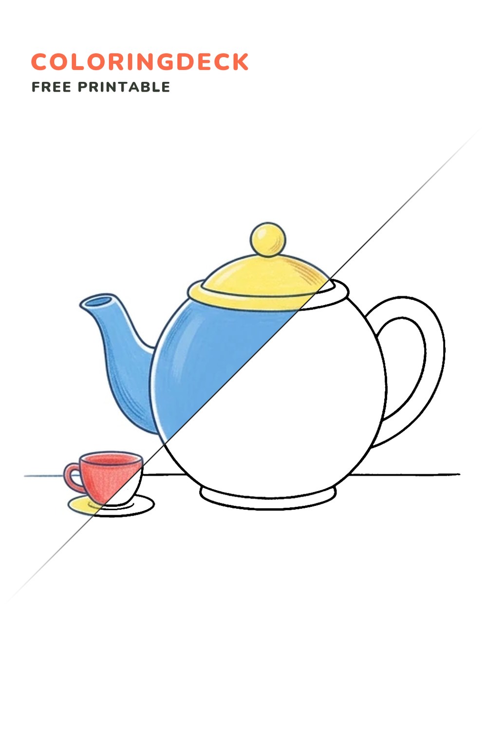 Big Teapot Small Cup coloring page, free printable: half colored, half outline