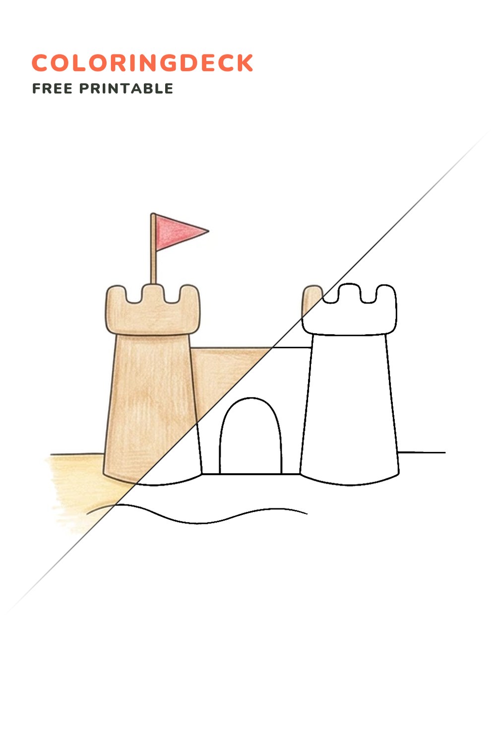 Happy Sandcastle Day coloring page, free printable: half colored, half outline