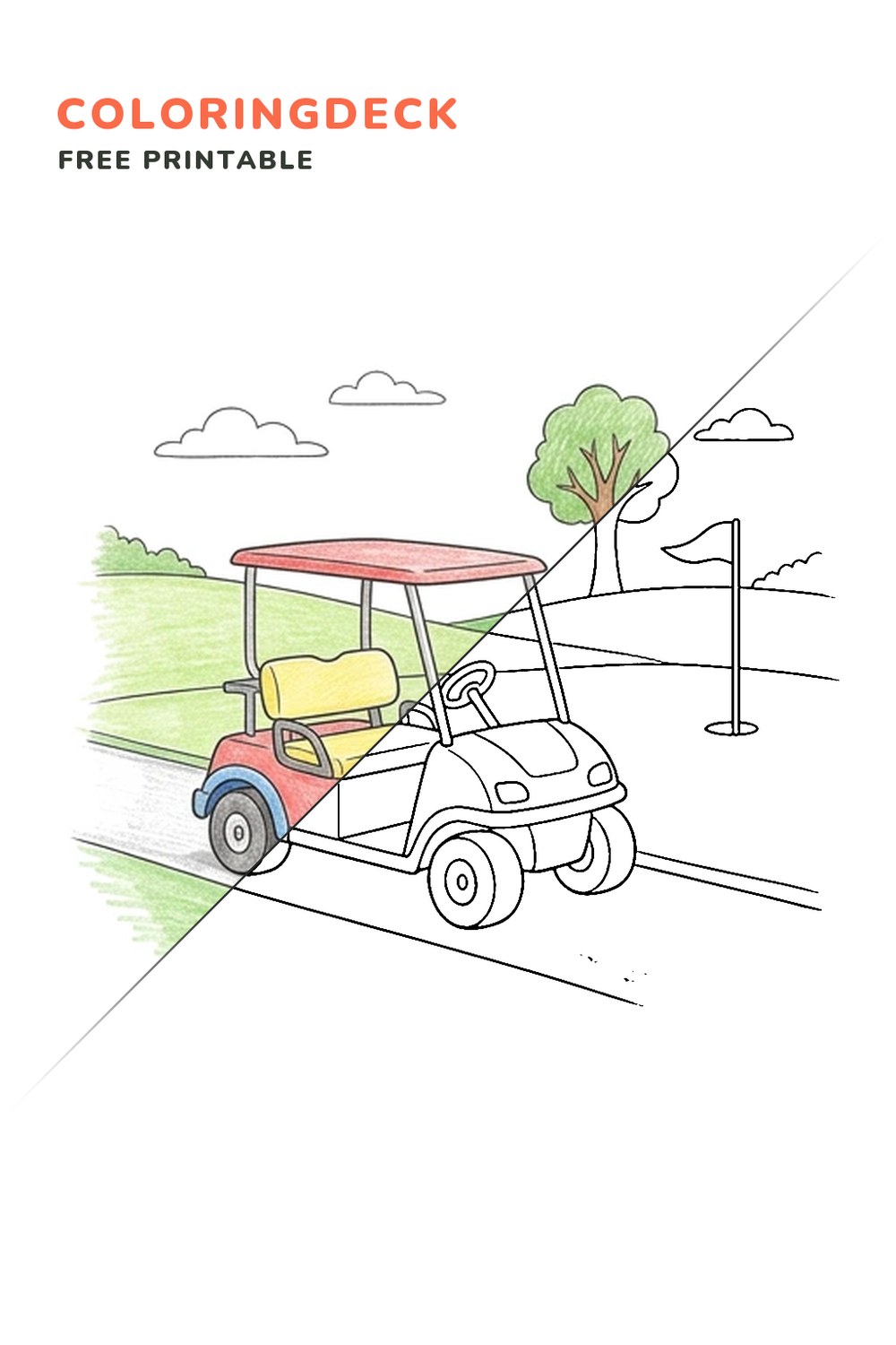 Windy Golf Cart coloring page, free printable: half colored, half outline