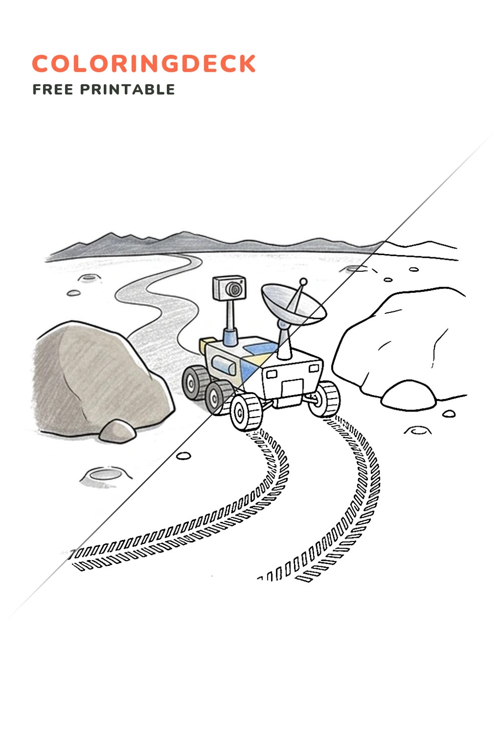 Lunar Boulder Route coloring page, free printable: half colored, half outline