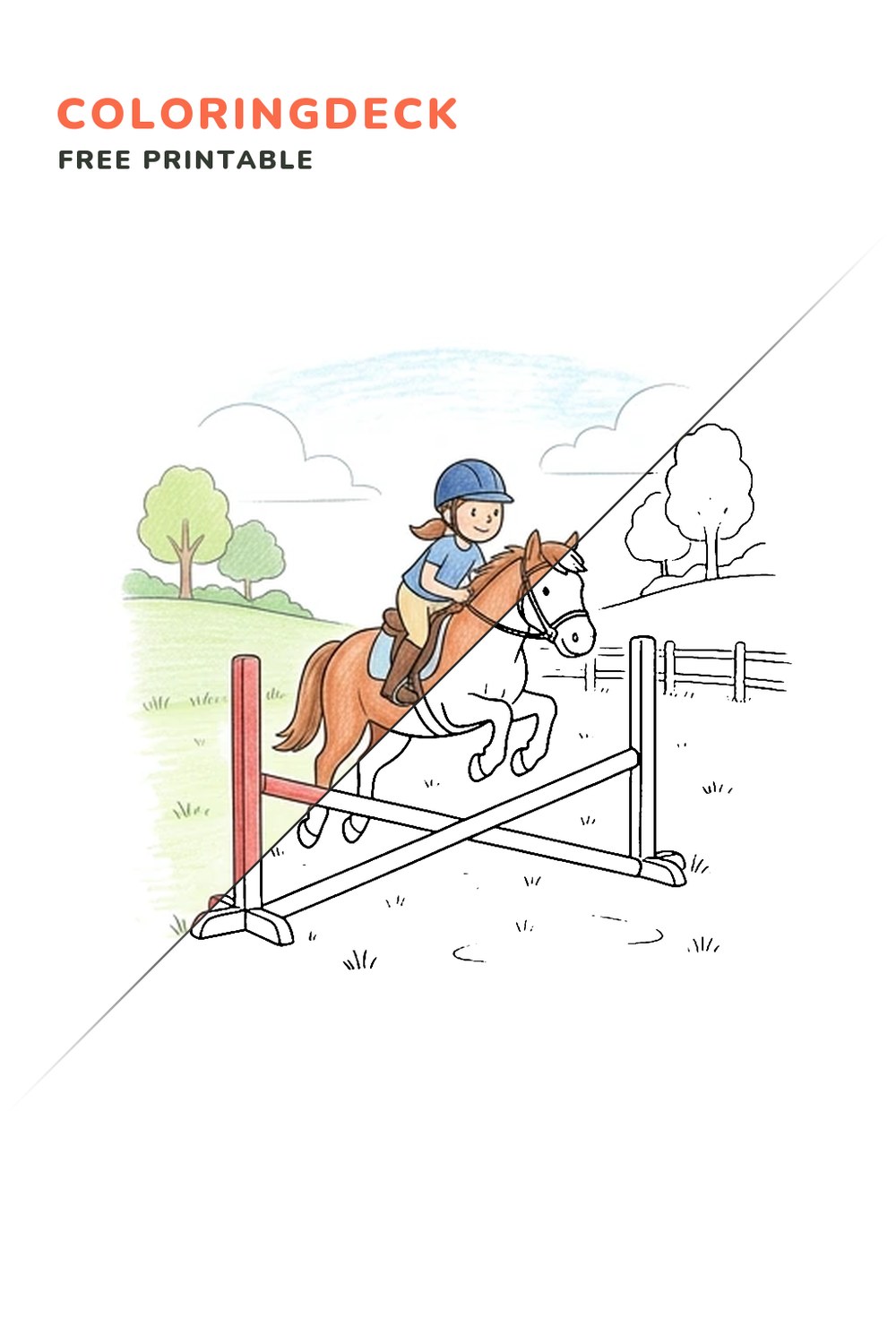 Pony Club Jump coloring page, free printable: half colored, half outline