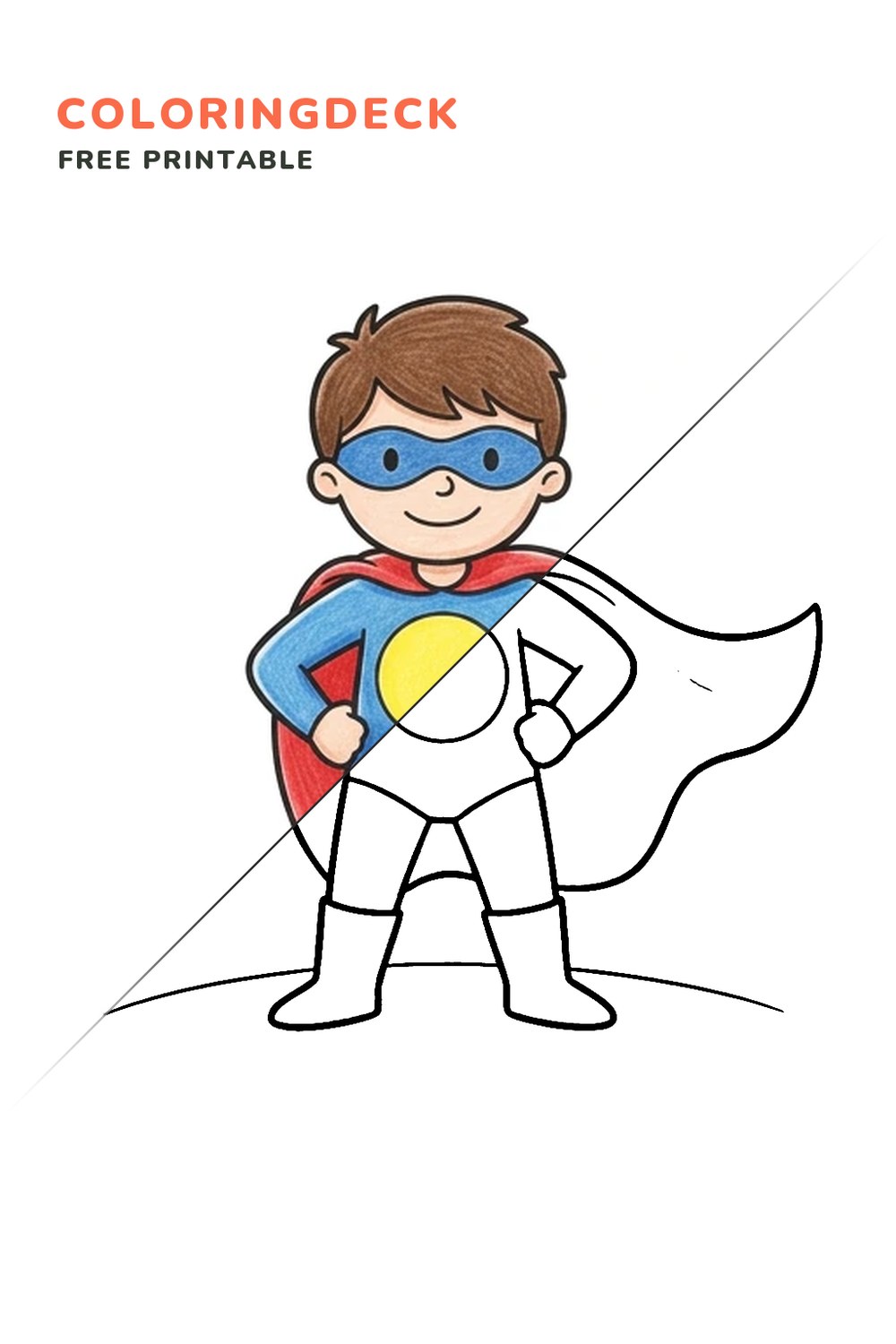 Cape Hero Pose coloring page, free printable: half colored, half outline