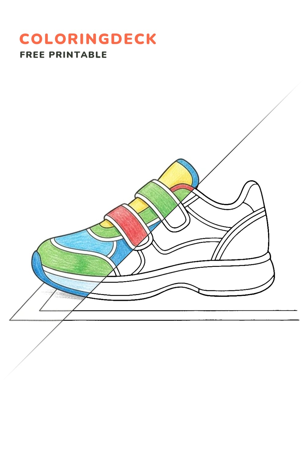 Tennis Shoe Ready coloring page, free printable: half colored, half outline